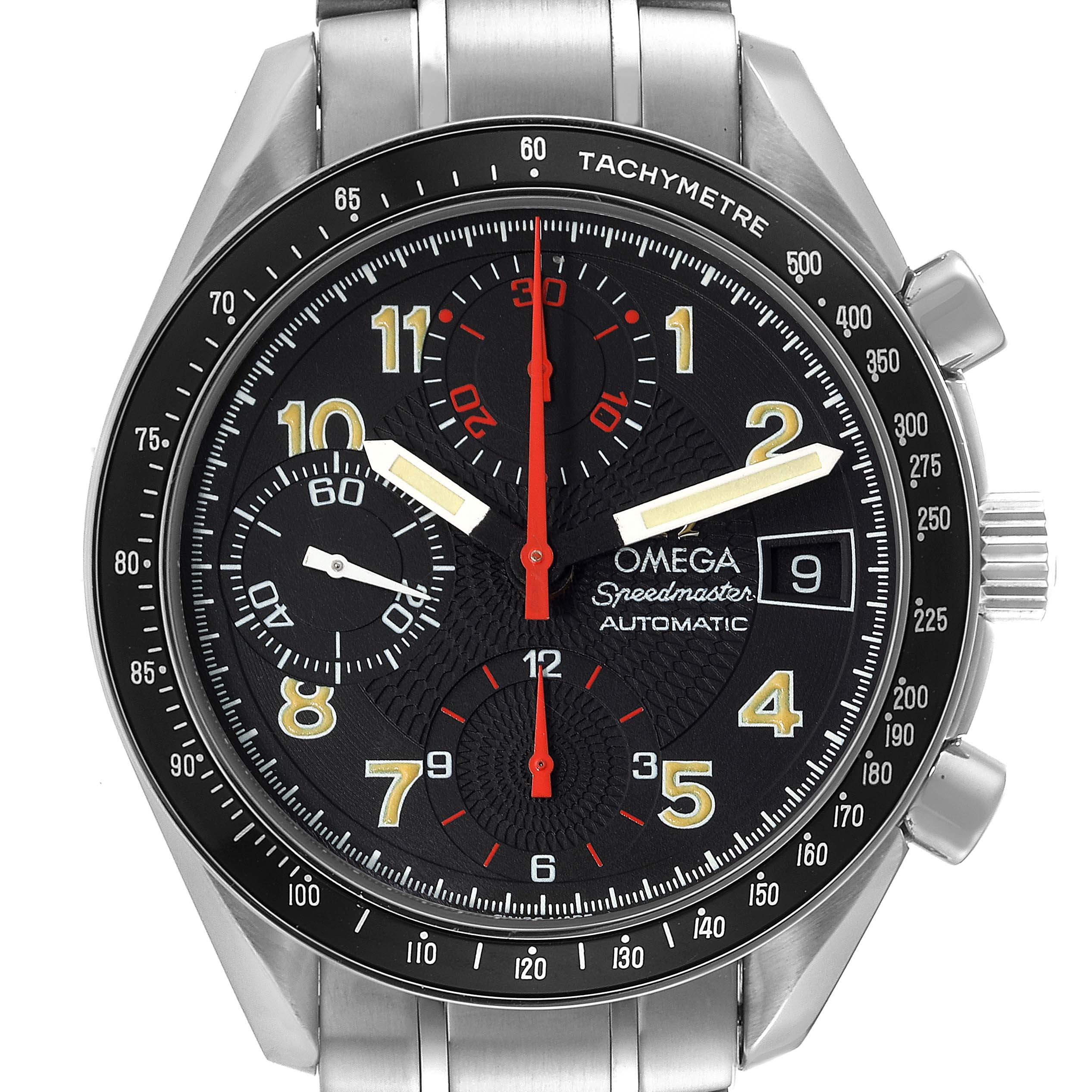 This image shows a front view of an Omega Speedmaster 3513.53.00 Men's Stainless Steel Black Dial 3513.53.00 Men's Stainless Steel Black Dial watch highlighting the dial, chronograph sub-dials, tachymeter, and date window.
