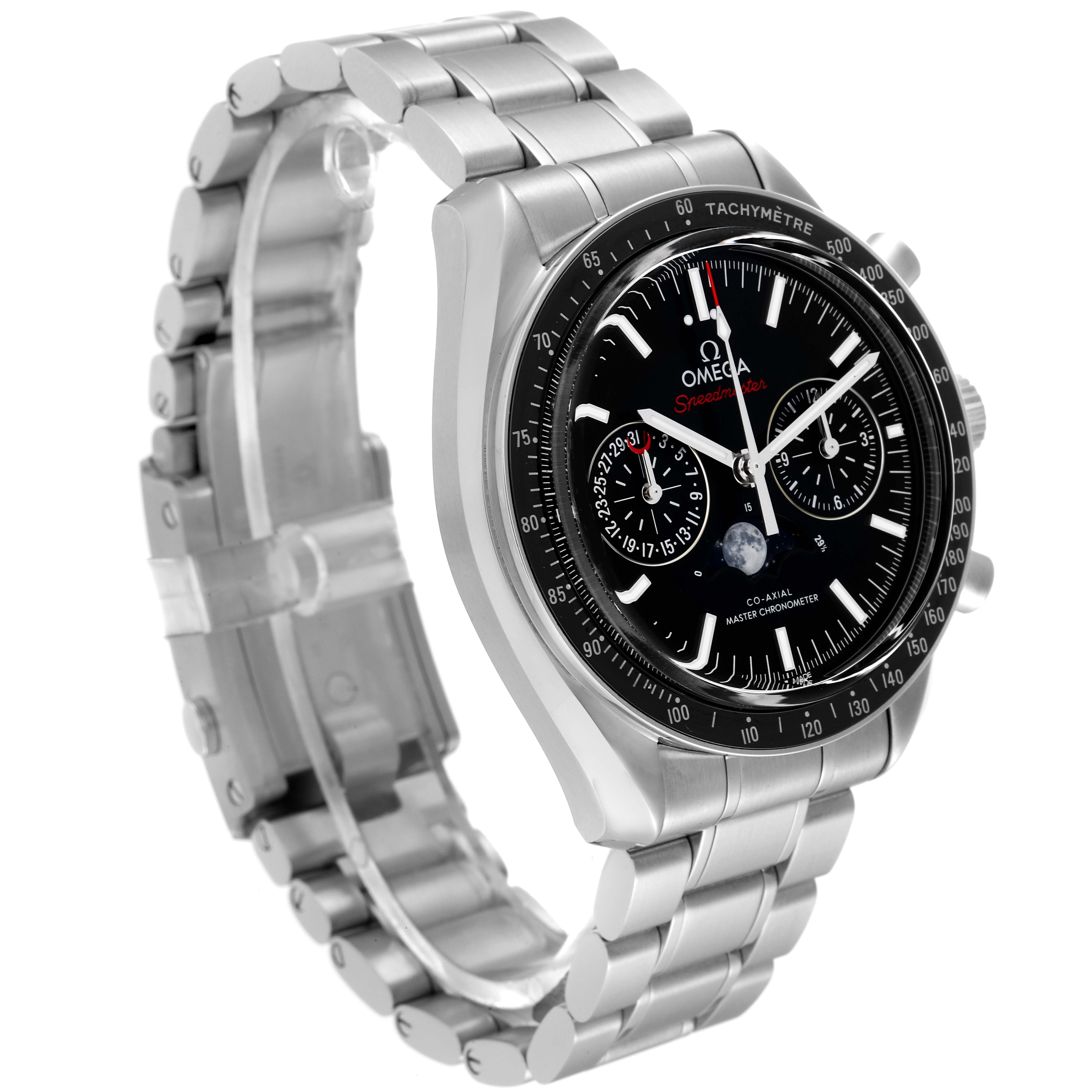 The image shows an Omega Speedmaster 304.30.44.52.01.001 Men
s Stainless Steel Black Dial 304.30.44.52.01.001 Men
s Stainless Steel Black Dial watch at a three-quarter angle, highlighting its stainless steel case, bracelet, and black dial.