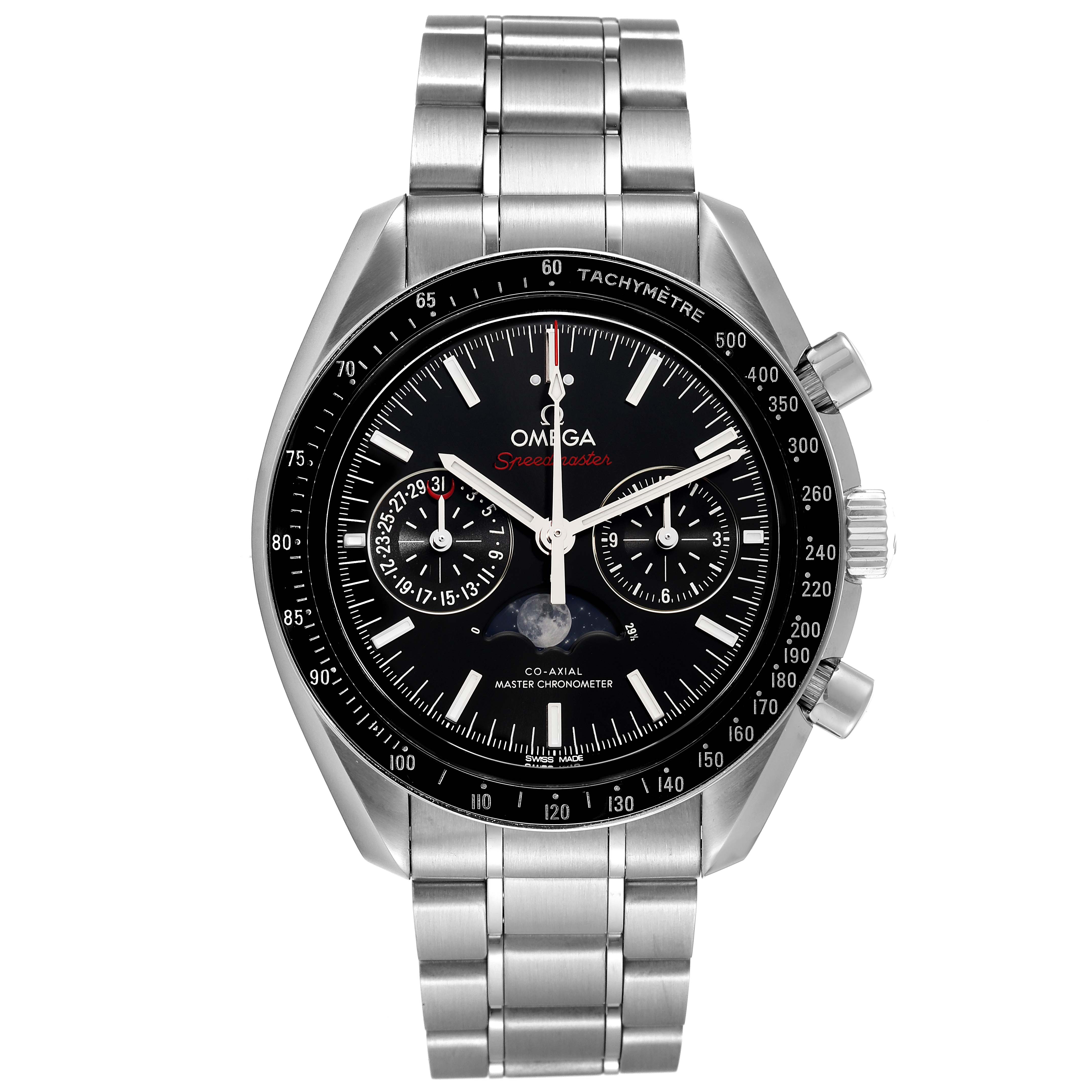 This image shows a front view of an Omega Speedmaster 304.30.44.52.01.001 Men
s Stainless Steel Black Dial 304.30.44.52.01.001 Men
s Stainless Steel Black Dial watch featuring its stainless steel bracelet and face with subdials.