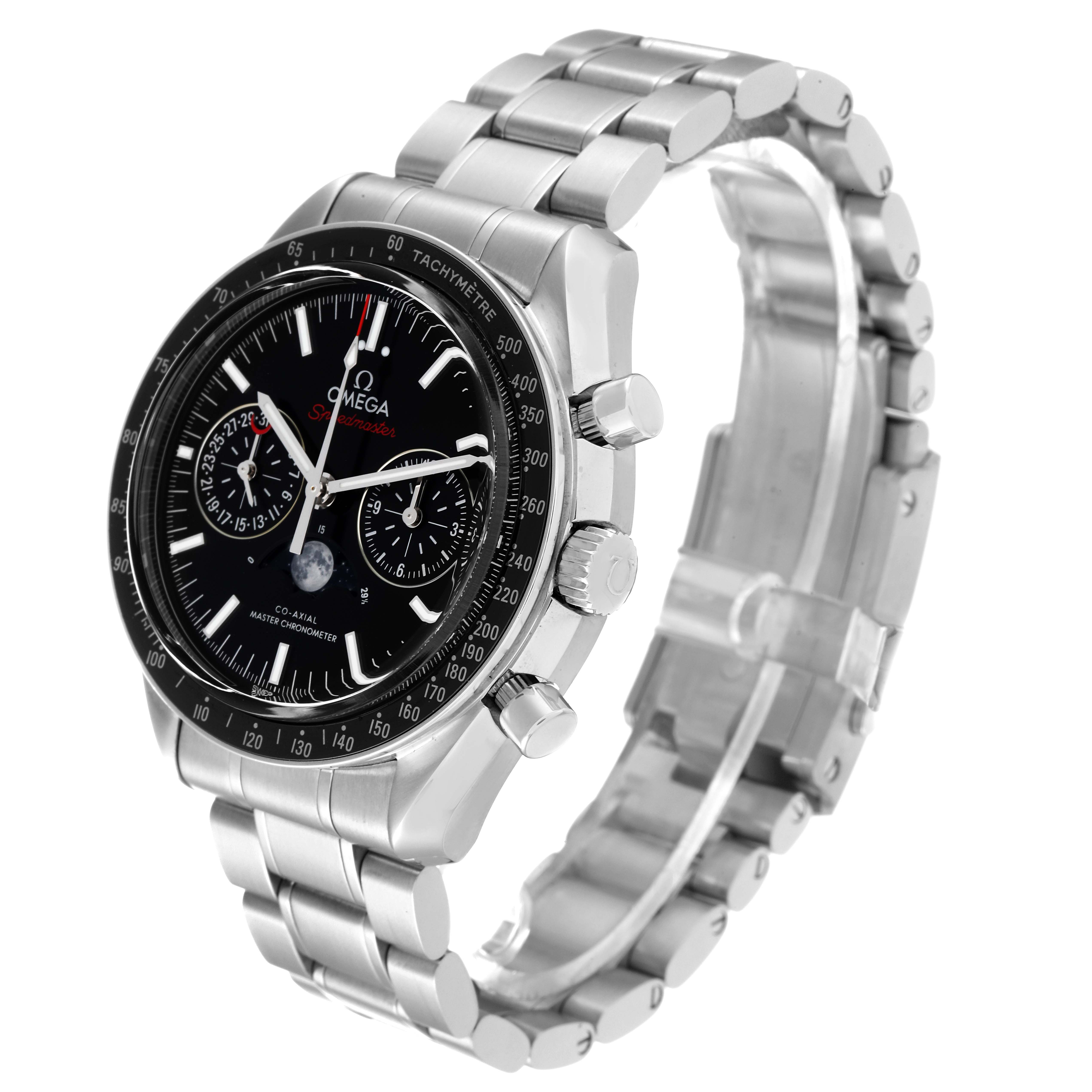 The Omega Speedmaster 304.30.44.52.01.001 Men
s Stainless Steel Black Dial 304.30.44.52.01.001 Men
s Stainless Steel Black Dial watch is shown at a three-quarter angle, highlighting the face, bezel, pushers, crown, and stainless steel bracelet.