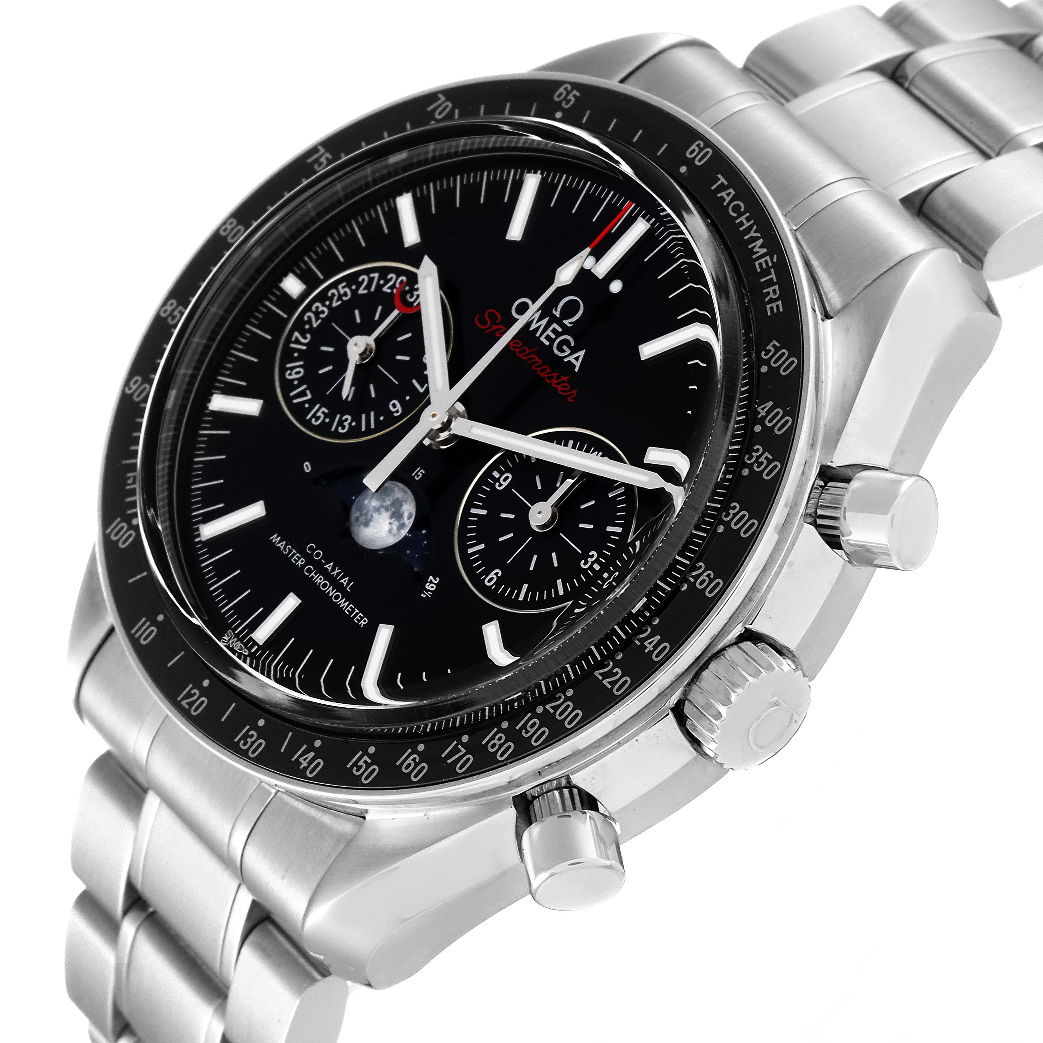 This image shows an angled view of an Omega Speedmaster 304.30.44.52.01.001 Men
s Stainless Steel Black Dial 304.30.44.52.01.001 Men
s Stainless Steel Black Dial watch, highlighting the dial, crown, and stainless steel bracelet.