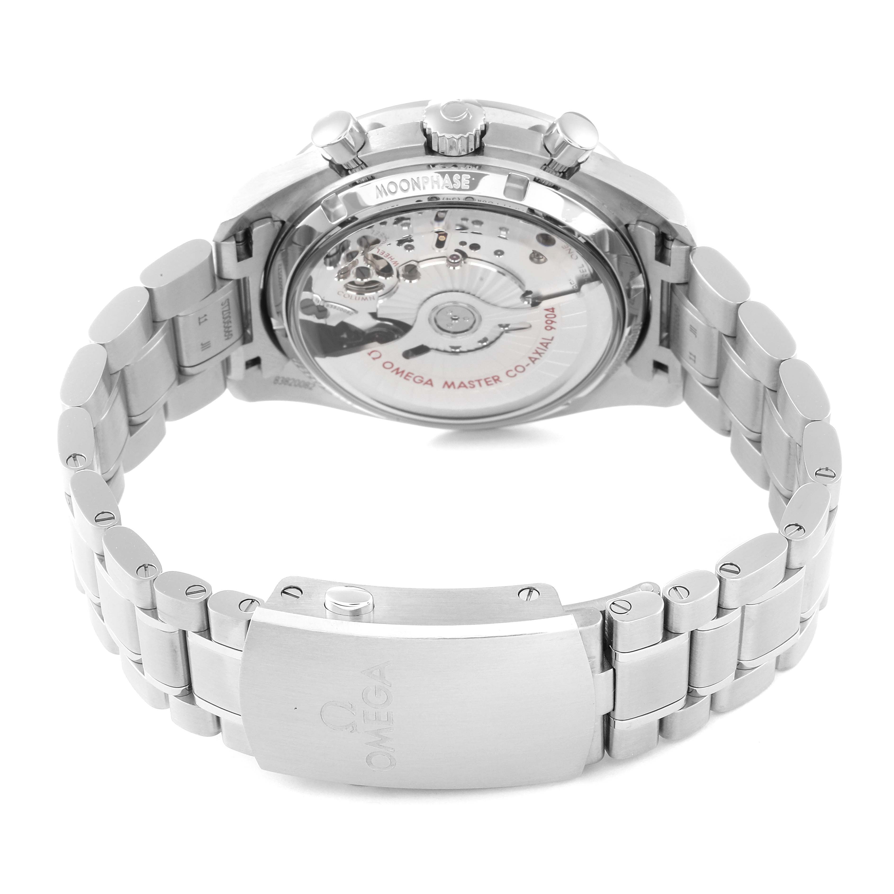 The Omega Speedmaster 304.30.44.52.01.001 Men
s Stainless Steel Black Dial 304.30.44.52.01.001 Men
s Stainless Steel Black Dial watch is shown from a rear angle, highlighting its transparent case back and metal bracelet.