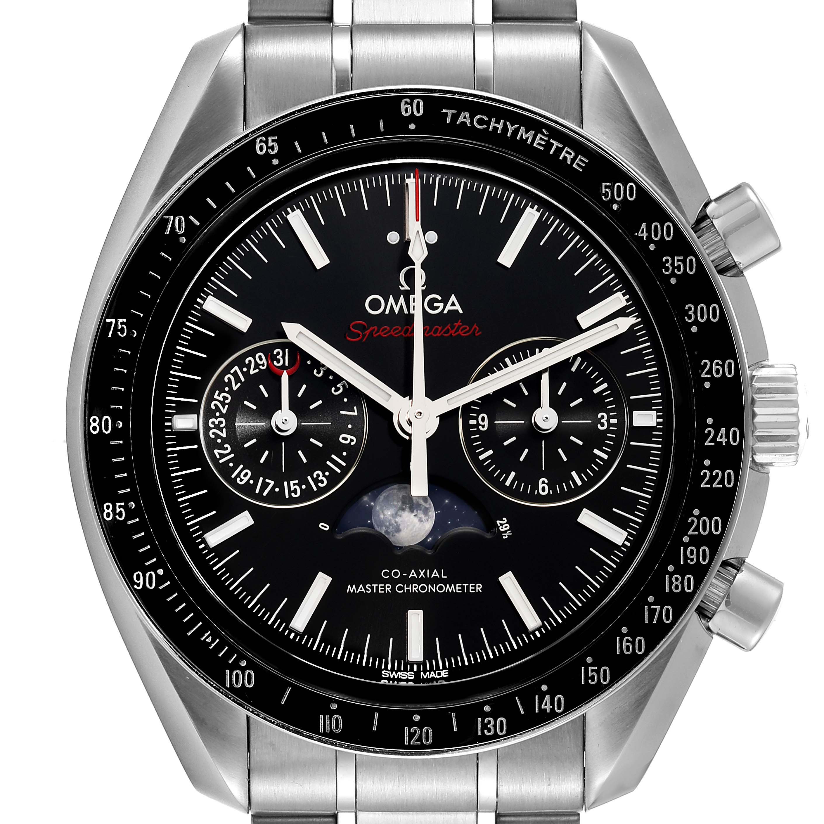The image shows a frontal view of an Omega Speedmaster 304.30.44.52.01.001 Men
s Stainless Steel Black Dial 304.30.44.52.01.001 Men
s Stainless Steel Black Dial watch, displaying its dial, subdials, tachymeter, and bracelet.