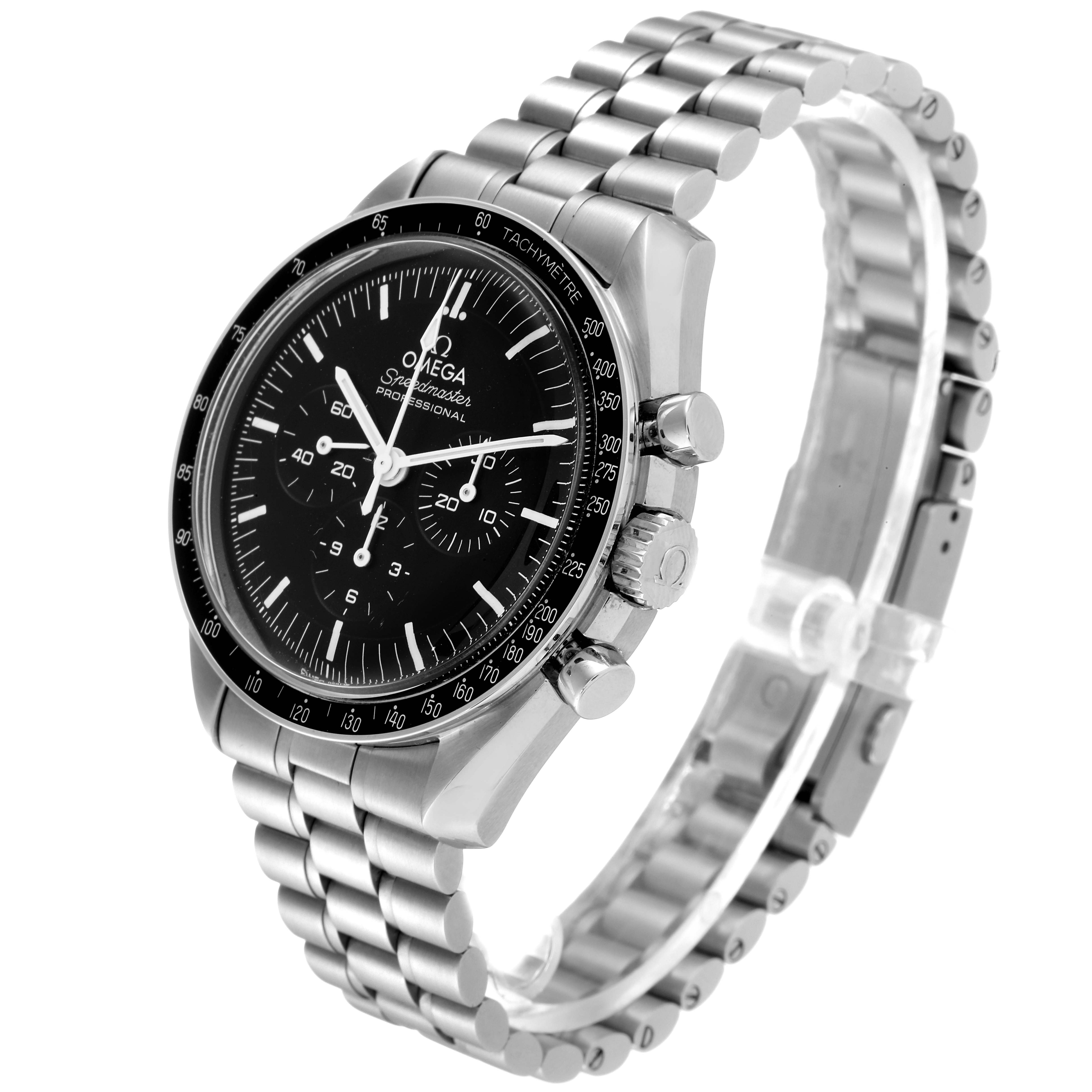 The Omega Speedmaster 310.30.42.50.01.001 Men
s Stainless Steel Black Dial 310.30.42.50.01.001 Men
s Stainless Steel Black Dial watch is shown at a three-quarter angle, highlighting the dial, bezel, and bracelet.