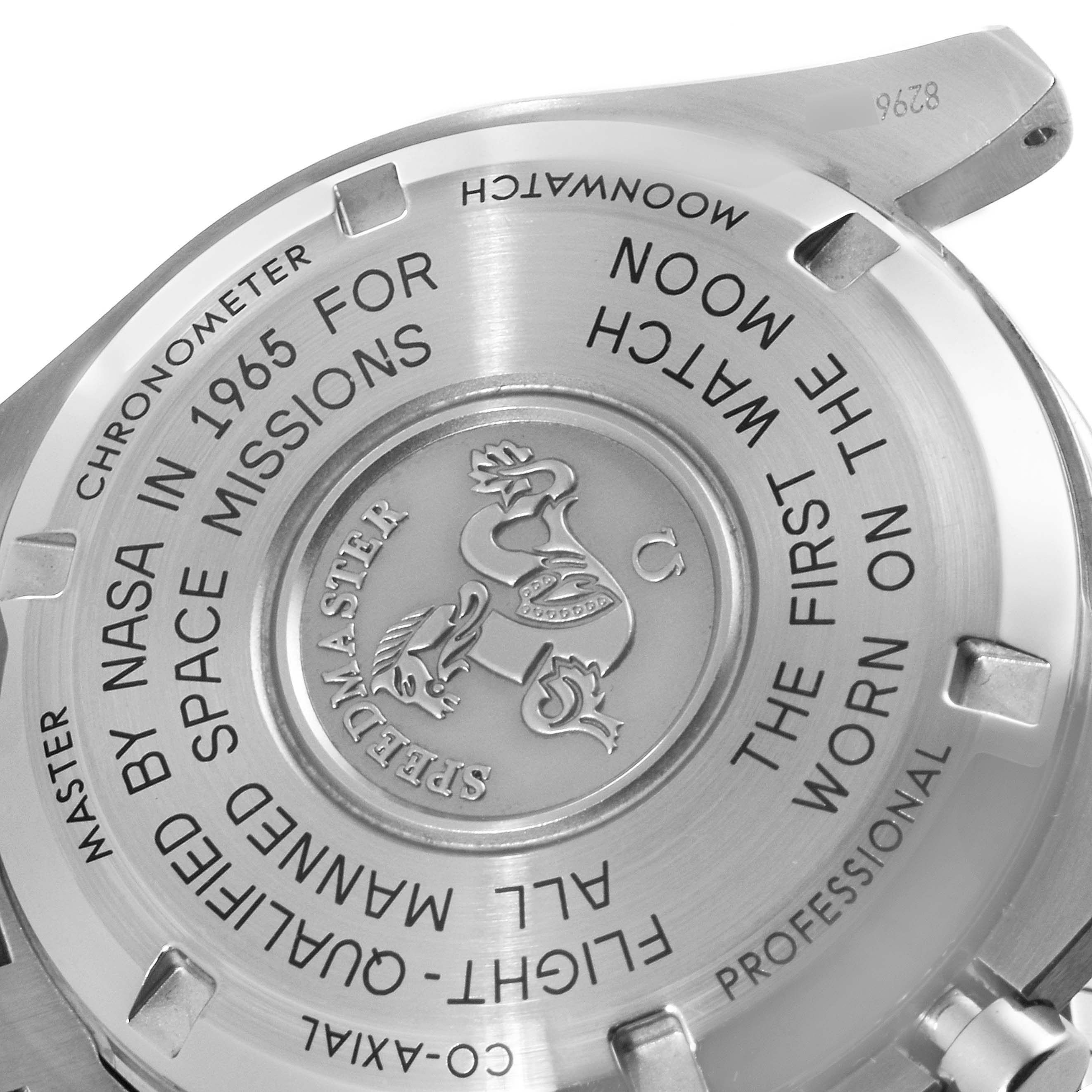 The image shows the case back of the Omega Speedmaster 310.30.42.50.01.001 Men
s Stainless Steel Black Dial 310.30.42.50.01.001 Men
s Stainless Steel Black Dial watch, highlighting inscriptions and the embossed emblem.