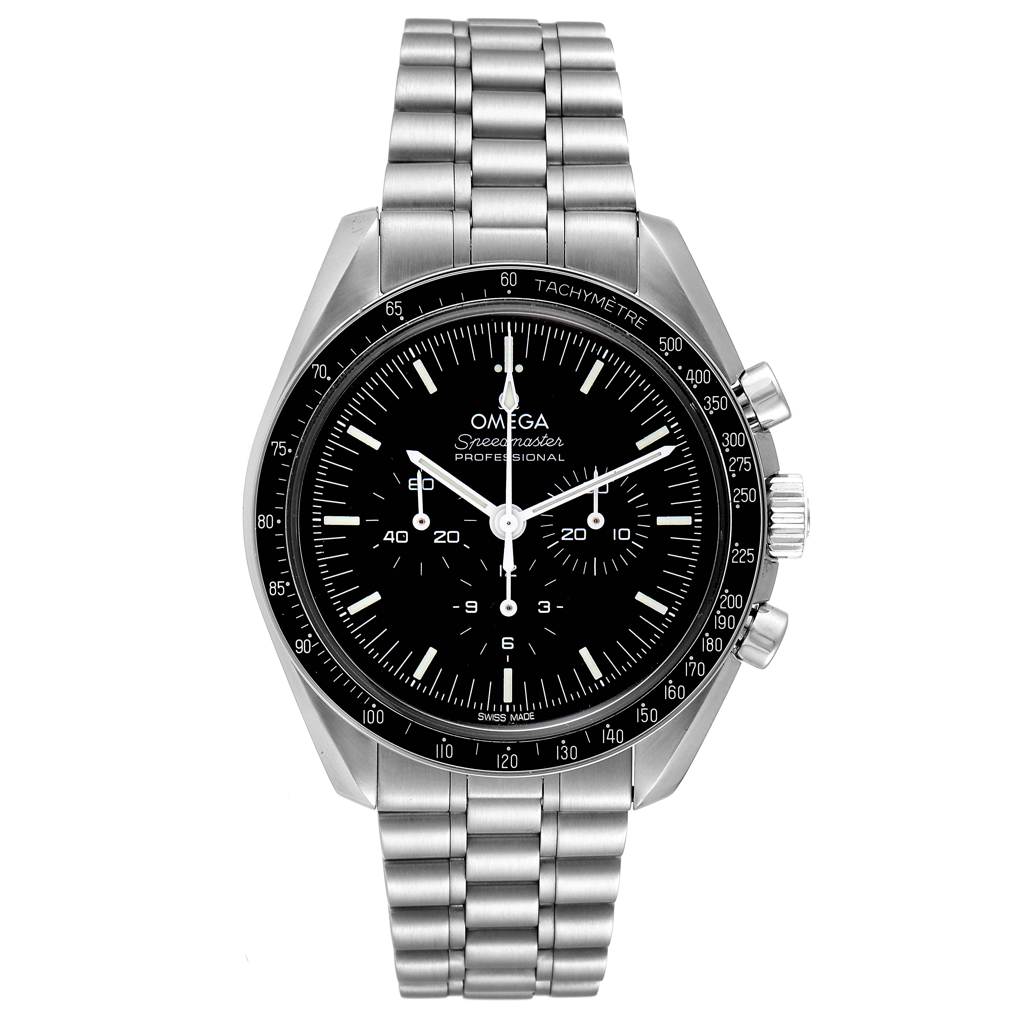 The image shows a front view of an Omega Speedmaster 310.30.42.50.01.001 Men
s Stainless Steel Black Dial 310.30.42.50.01.001 Men
s Stainless Steel Black Dial watch featuring its dial, bezel, crown, pushers, and metallic bracelet.