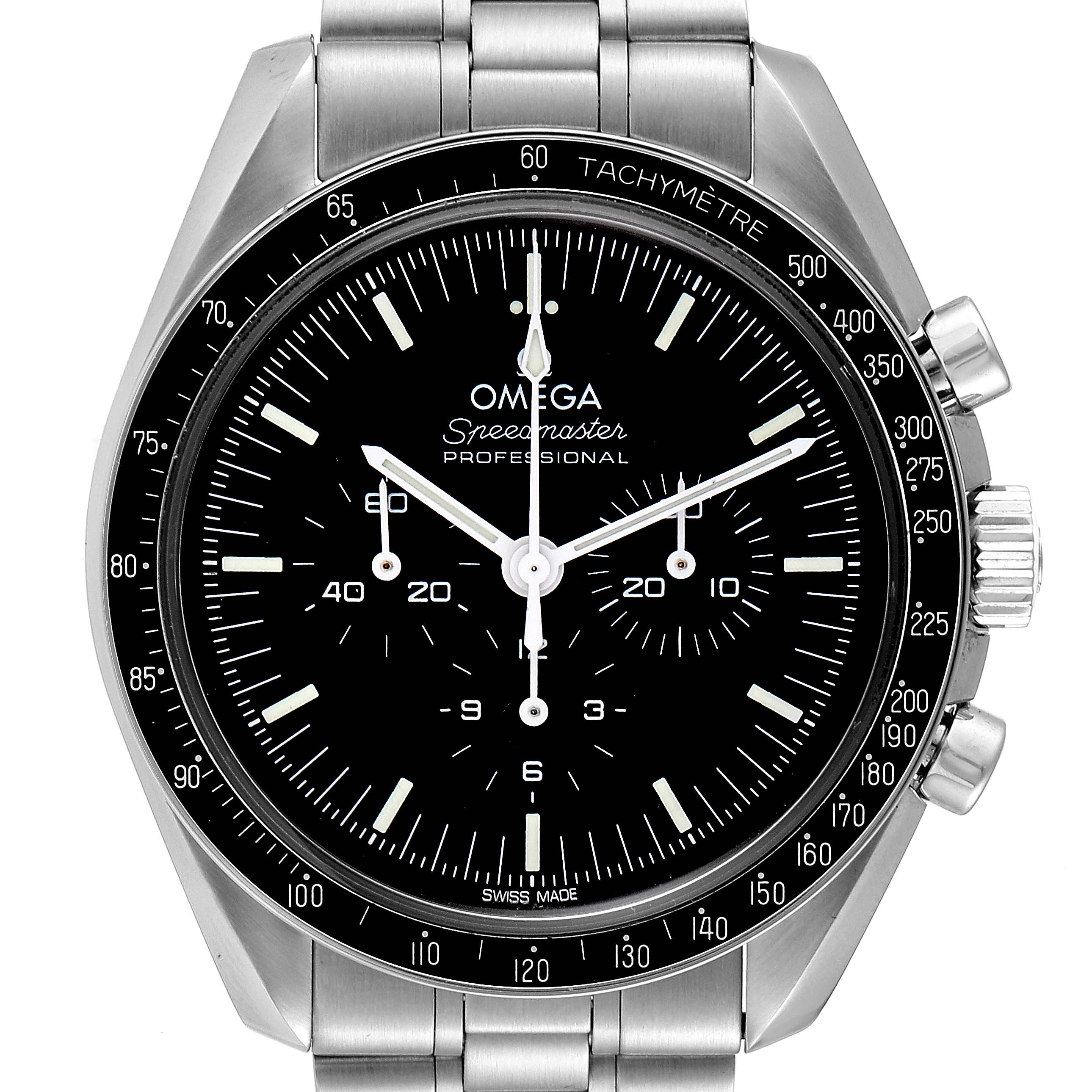 Front view of the Omega Speedmaster 310.30.42.50.01.001 Men
s Stainless Steel Black Dial 310.30.42.50.01.001 Men
s Stainless Steel Black Dial watch showing the dial, hands, subdials, and tachymeter bezel.