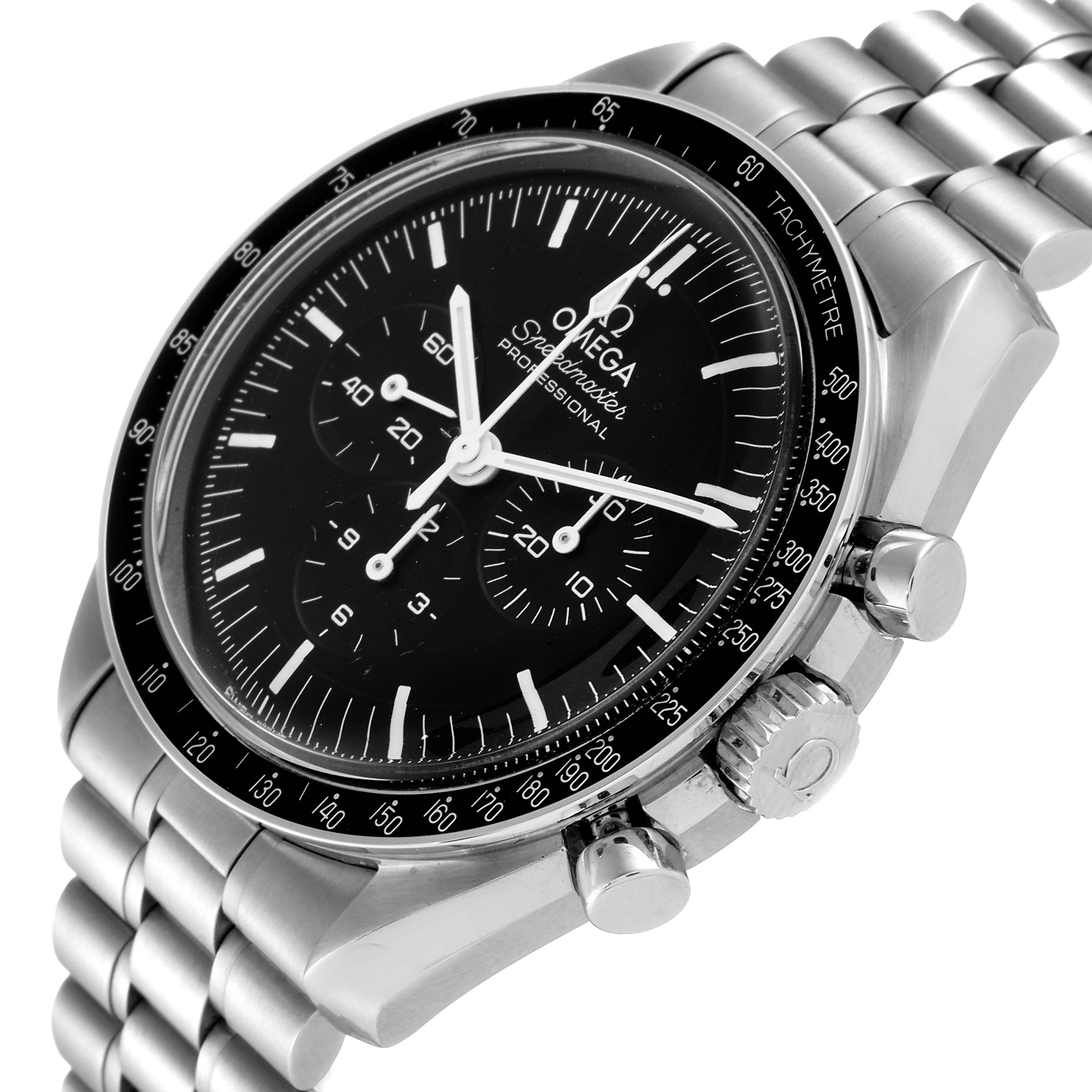 The image shows an Omega Speedmaster 310.30.42.50.01.001 Men
s Stainless Steel Black Dial 310.30.42.50.01.001 Men
s Stainless Steel Black Dial watch at an angled close-up view, highlighting the dial, bezel, and stainless steel bracelet.