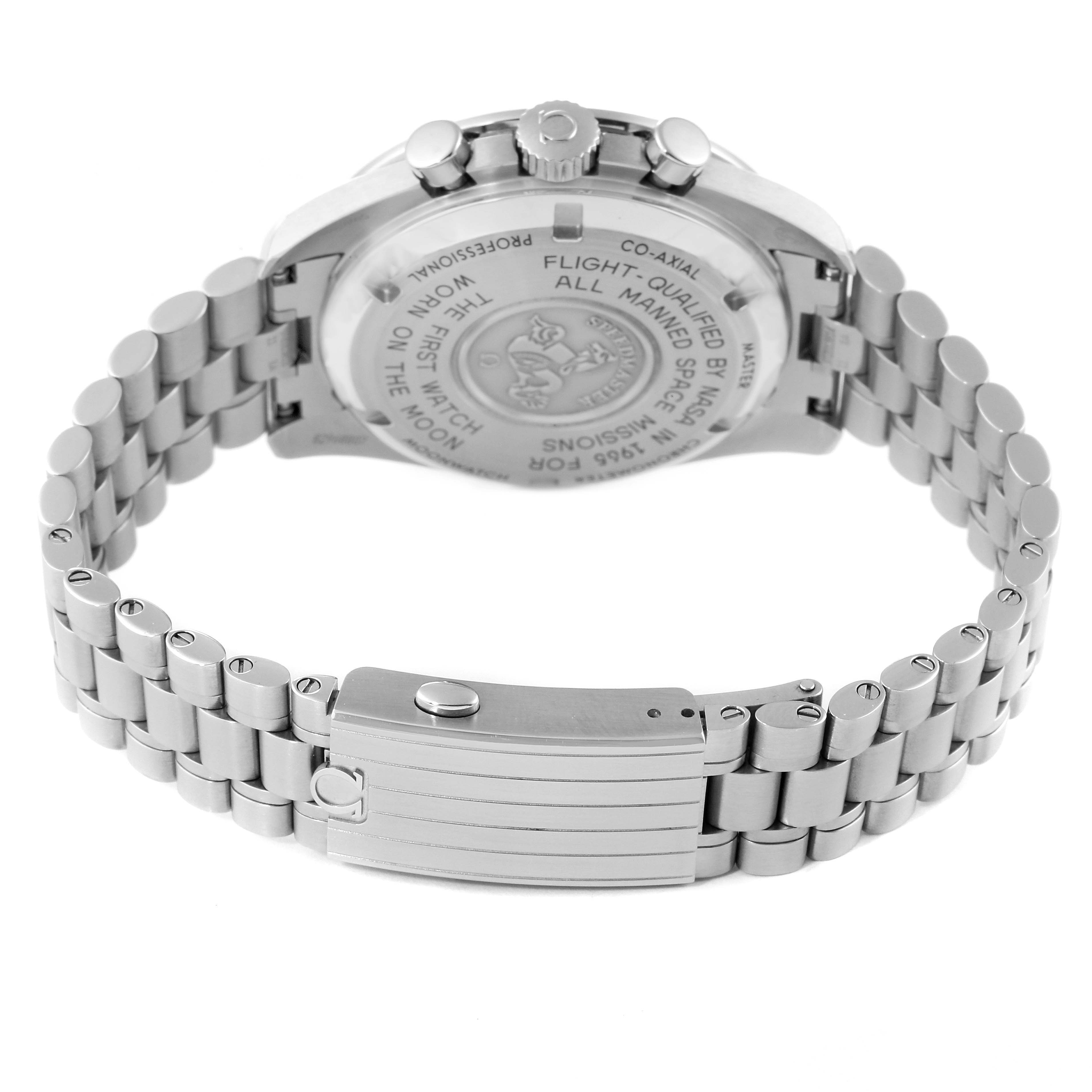 The image shows the back view of the Omega Speedmaster 310.30.42.50.01.001 Men
s Stainless Steel Black Dial 310.30.42.50.01.001 Men
s Stainless Steel Black Dial watch with its stainless steel bracelet and clasp.