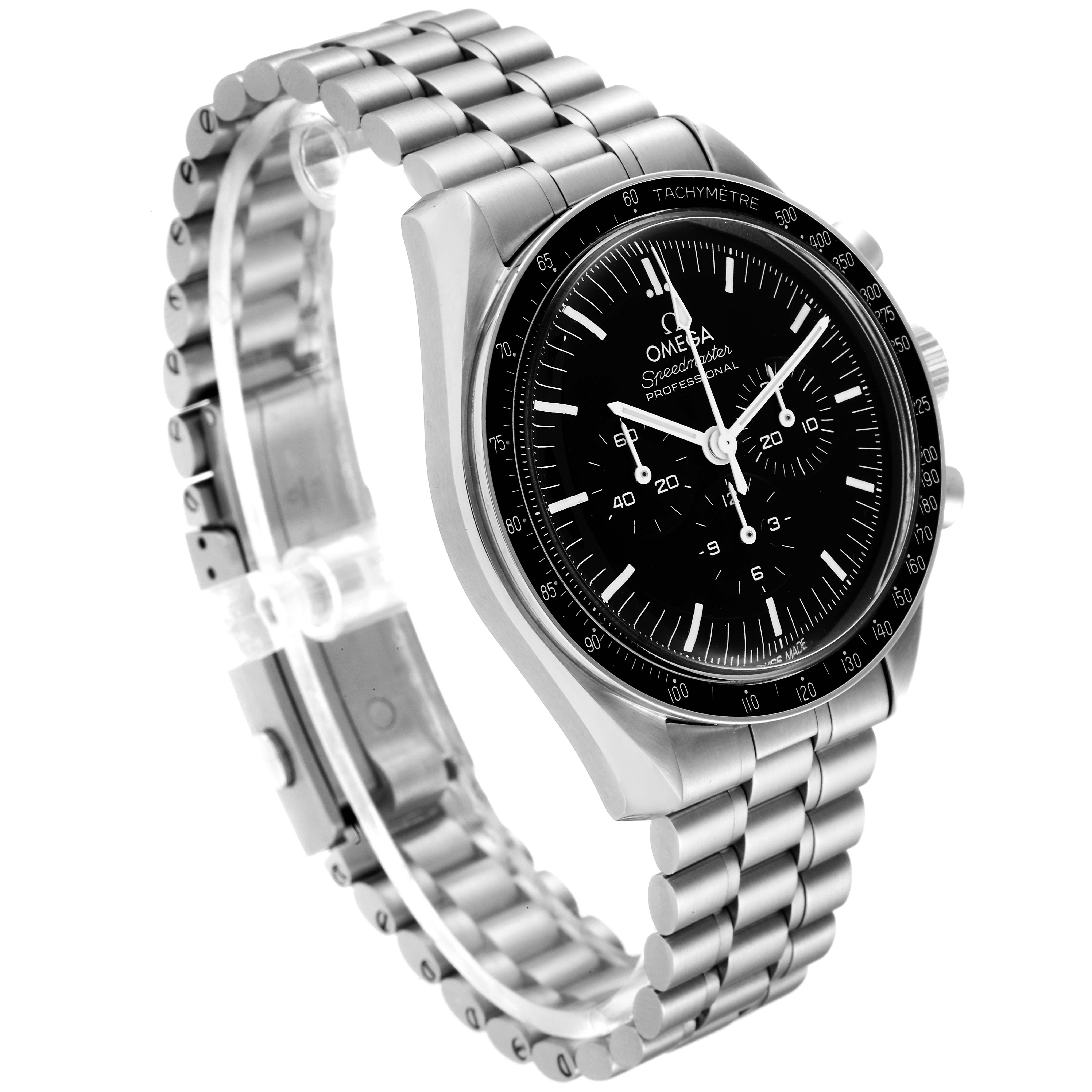 The Omega Speedmaster 310.30.42.50.01.001 Men
s Stainless Steel Black Dial 310.30.42.50.01.001 Men
s Stainless Steel Black Dial watch is shown at a three-quarter angle highlighting its face, bezel, and metal bracelet.