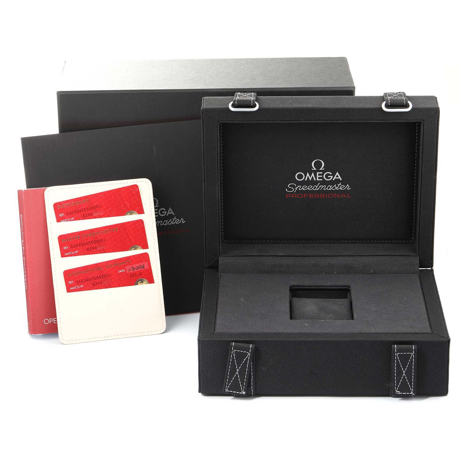 This image shows the packaging and accessories, including the box and warranty cards, for the Omega Speedmaster 310.30.42.50.01.001 Men
s Stainless Steel Black Dial 310.30.42.50.01.001 Men
s Stainless Steel Black Dial watch.