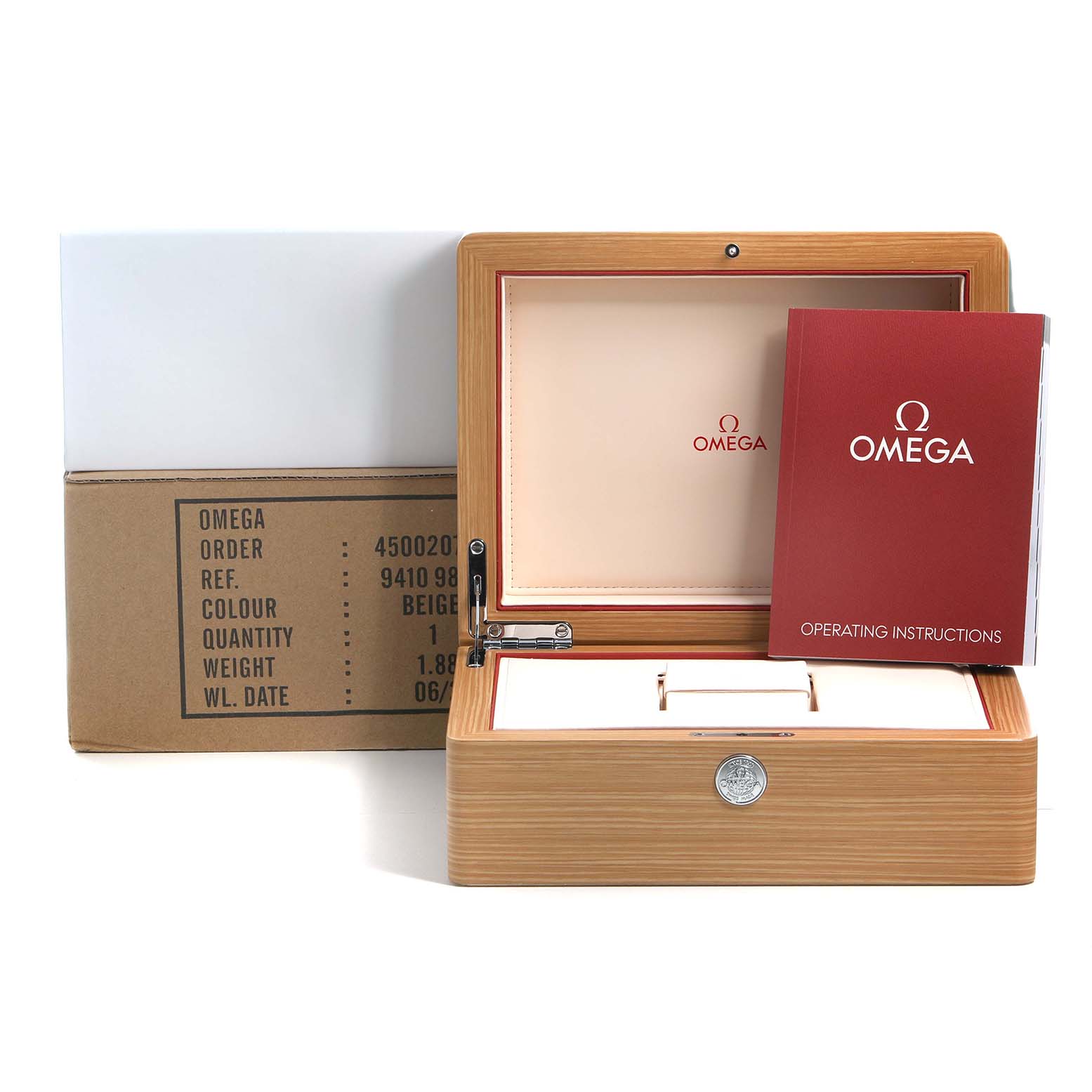 The image shows an open Omega Speedmaster 311.63.44.51.01.001 Men's Rose Gold Black Dial watch box with operating instructions and packaging.