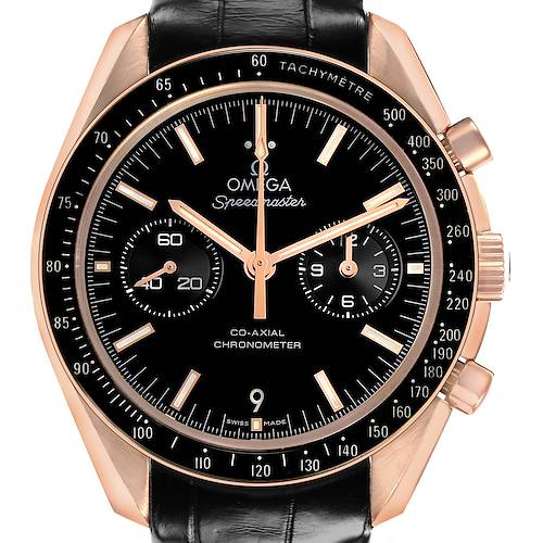 The Omega Speedmaster 311.63.44.51.01.001 Men's Rose Gold Black Dial watch is shown from the front, highlighting its dial, subdials, tachymetric scale, and crown.