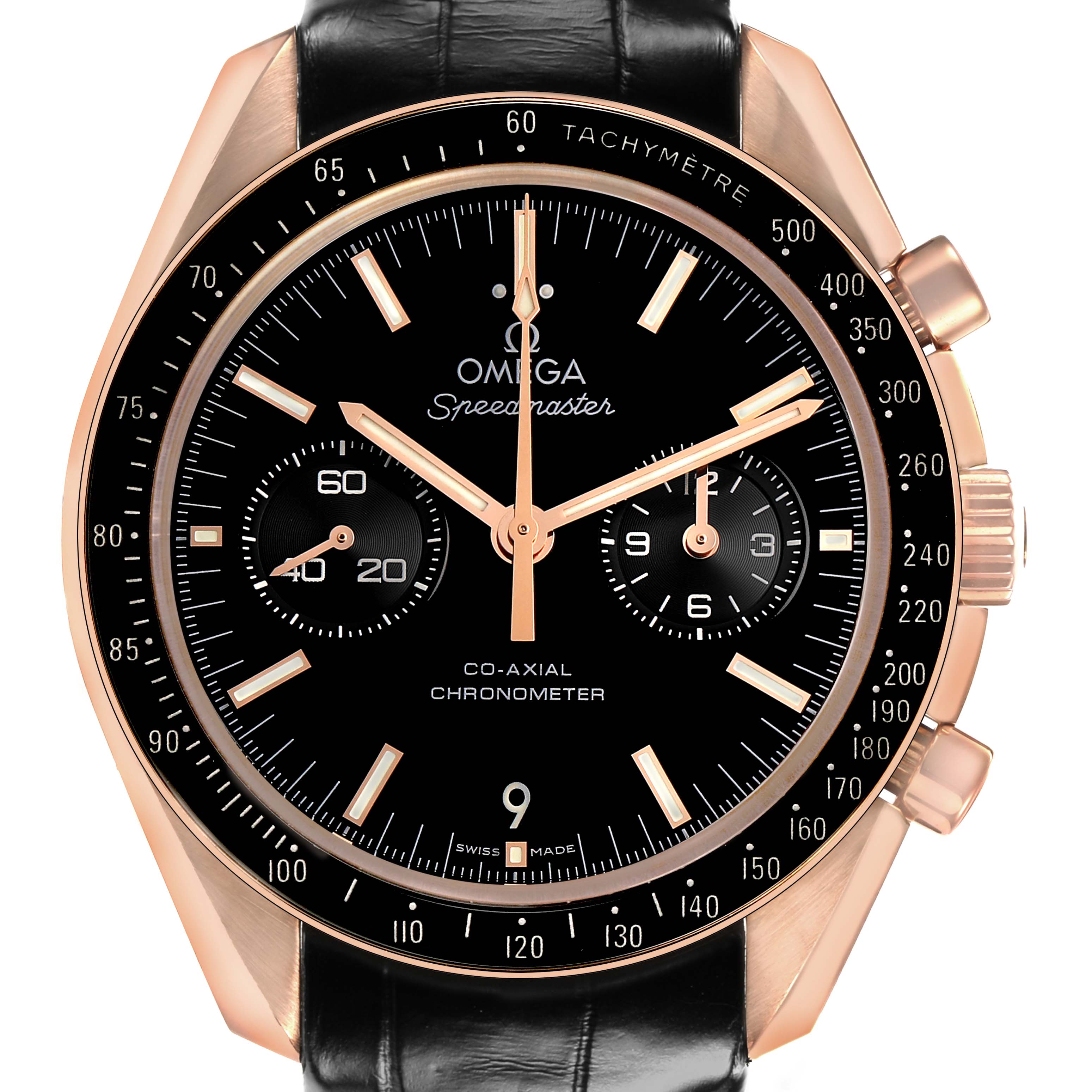 The Omega Speedmaster 311.63.44.51.01.001 Men's Rose Gold Black Dial watch is shown from a front angle, highlighting the dial, bezel, crown, and subdials.
