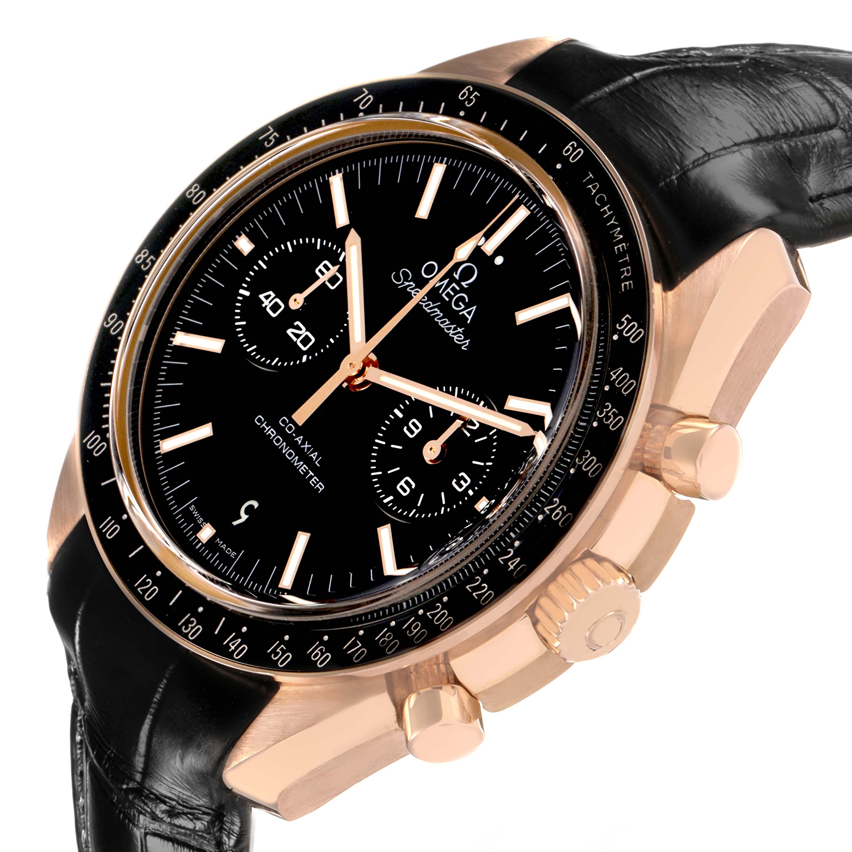 The Omega Speedmaster 311.63.44.51.01.001 Men's Rose Gold Black Dial watch is shown at a slight angle, highlighting the case, bezel, crown, pushers, and strap.