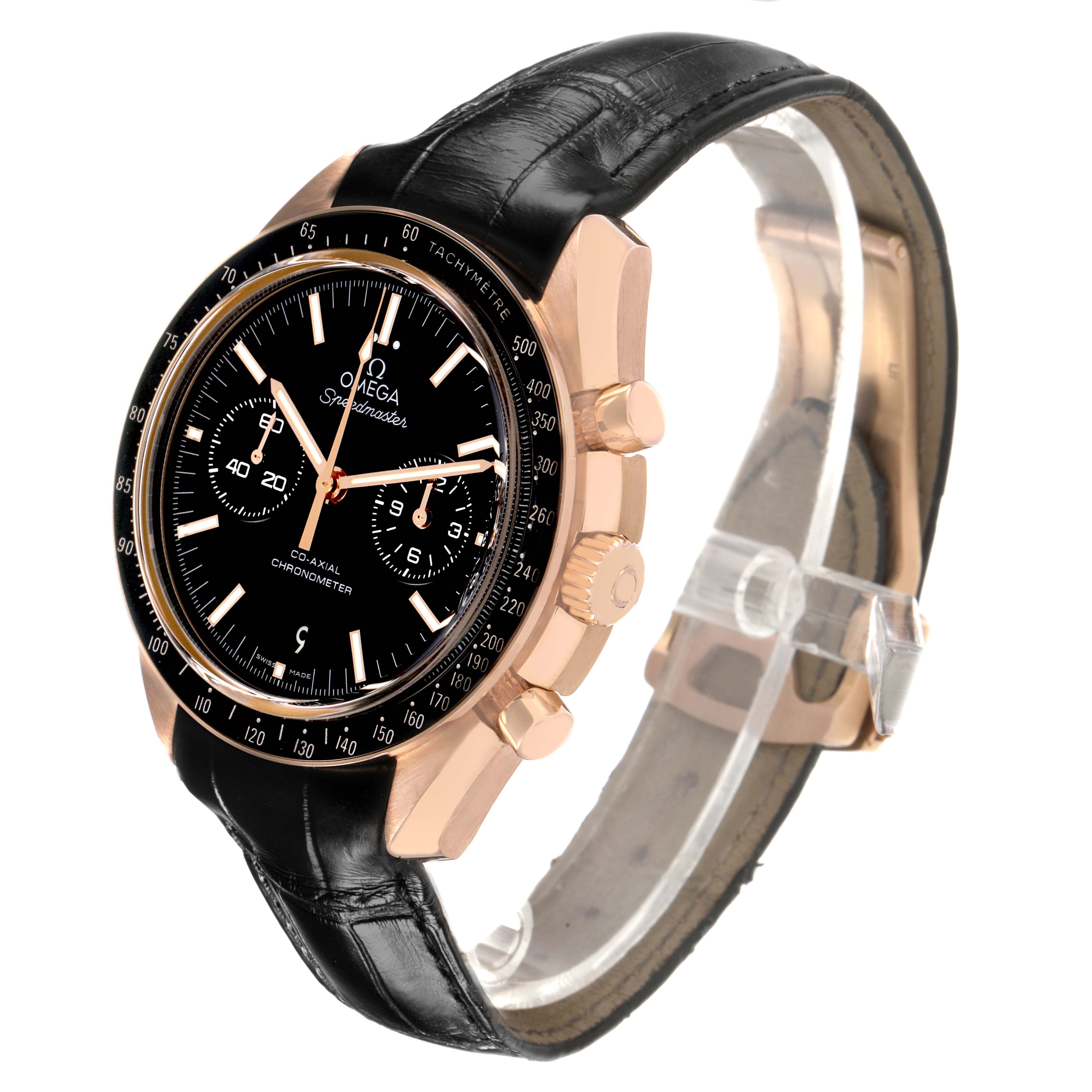 The Omega Speedmaster 311.63.44.51.01.001 Men's Rose Gold Black Dial watch is shown at a three-quarter angle, highlighting the bezel, dial, crown, and leather strap.