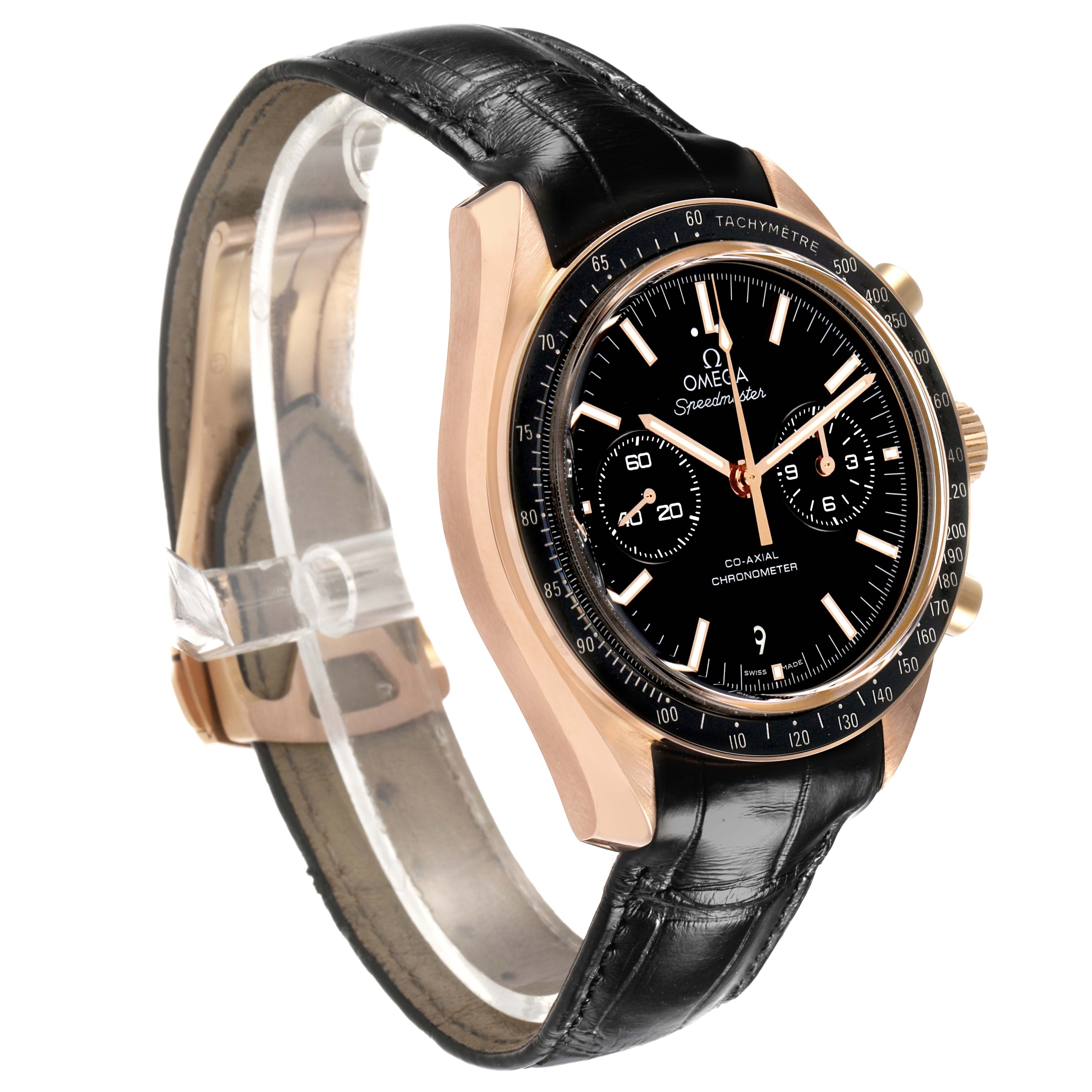 The Omega Speedmaster 311.63.44.51.01.001 Men's Rose Gold Black Dial watch is shown at a slight angle, highlighting its black leather strap, gold case, and chronograph dial.