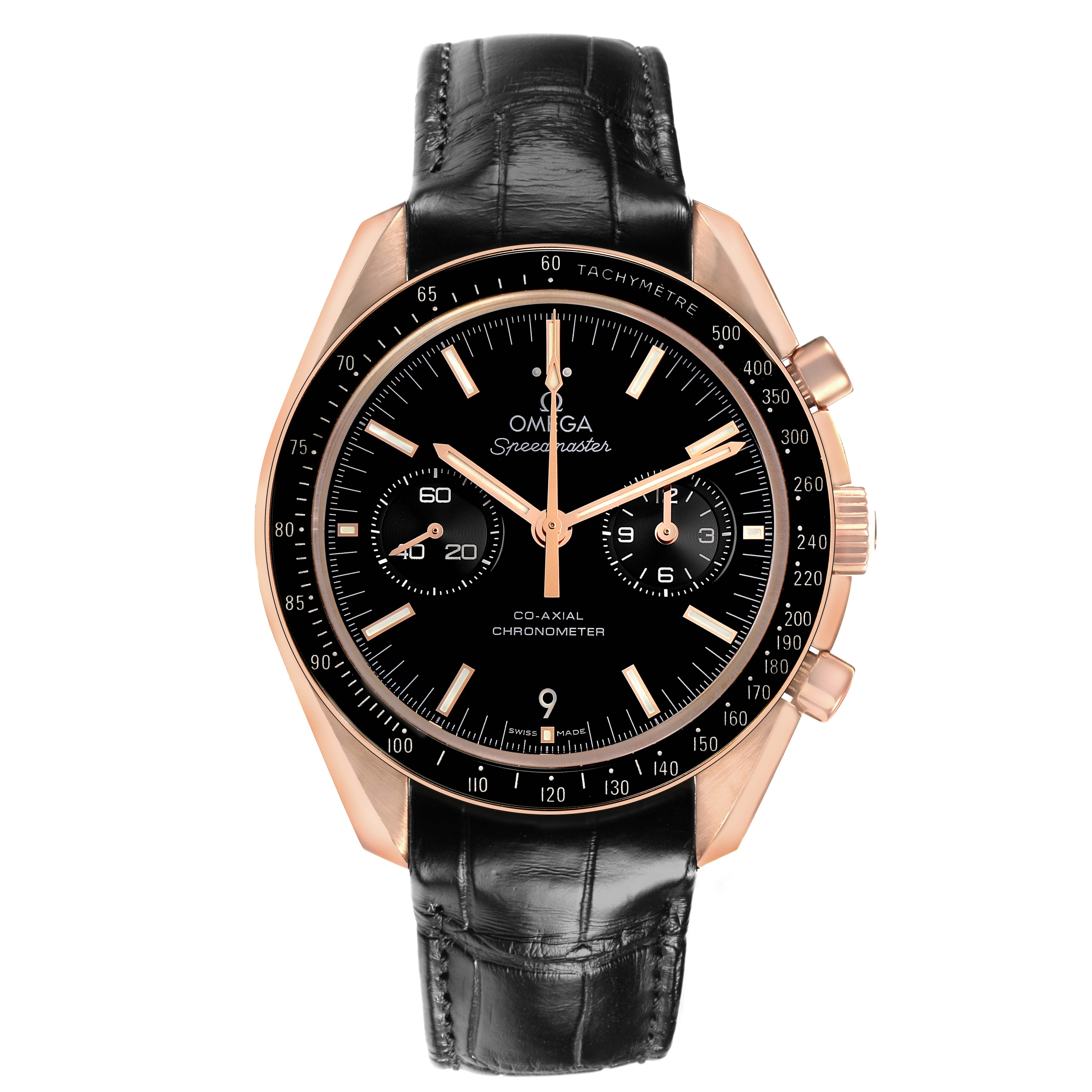 The Omega Speedmaster 311.63.44.51.01.001 Men's Rose Gold Black Dial watch is shown from the front, displaying the dial, bezel, and black leather strap.