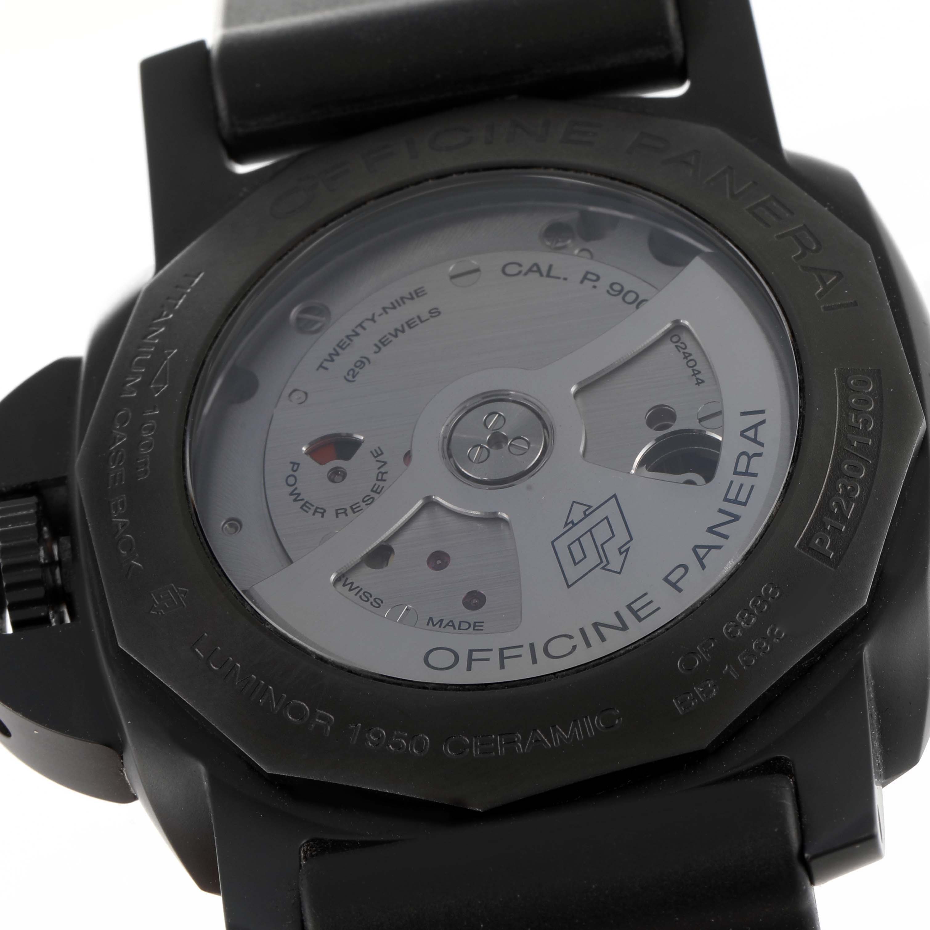 The image shows the back of a Panerai Luminor PAM00441 Men's Ceramic Black Dial PAM00441 Men's Ceramic Black Dial 1950 Ceramic watch, highlighting its movement and engravings.