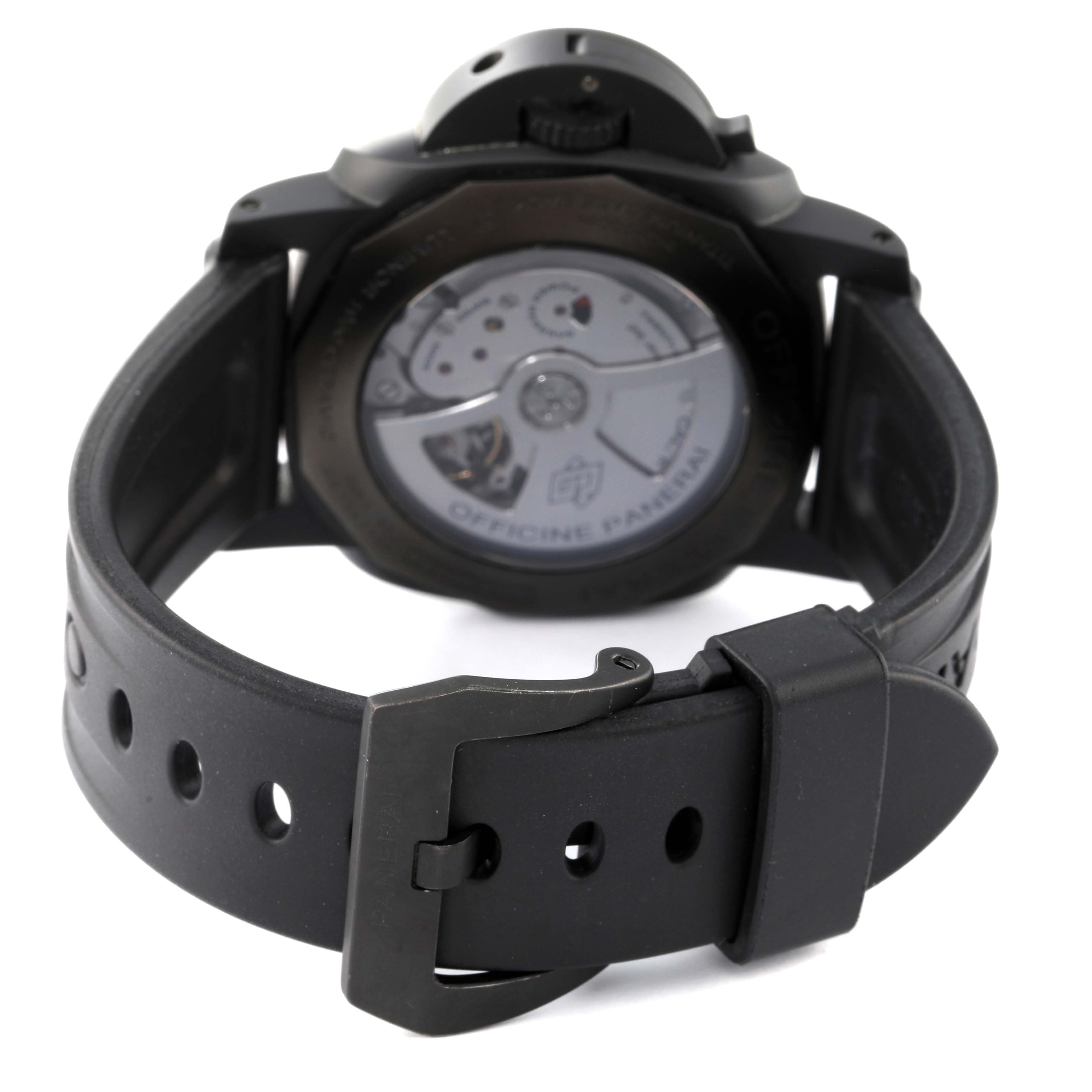 The image shows the back view of a Panerai Luminor PAM00441 Men's Ceramic Black Dial PAM00441 Men's Ceramic Black Dial watch, highlighting the strap and exhibition case back.