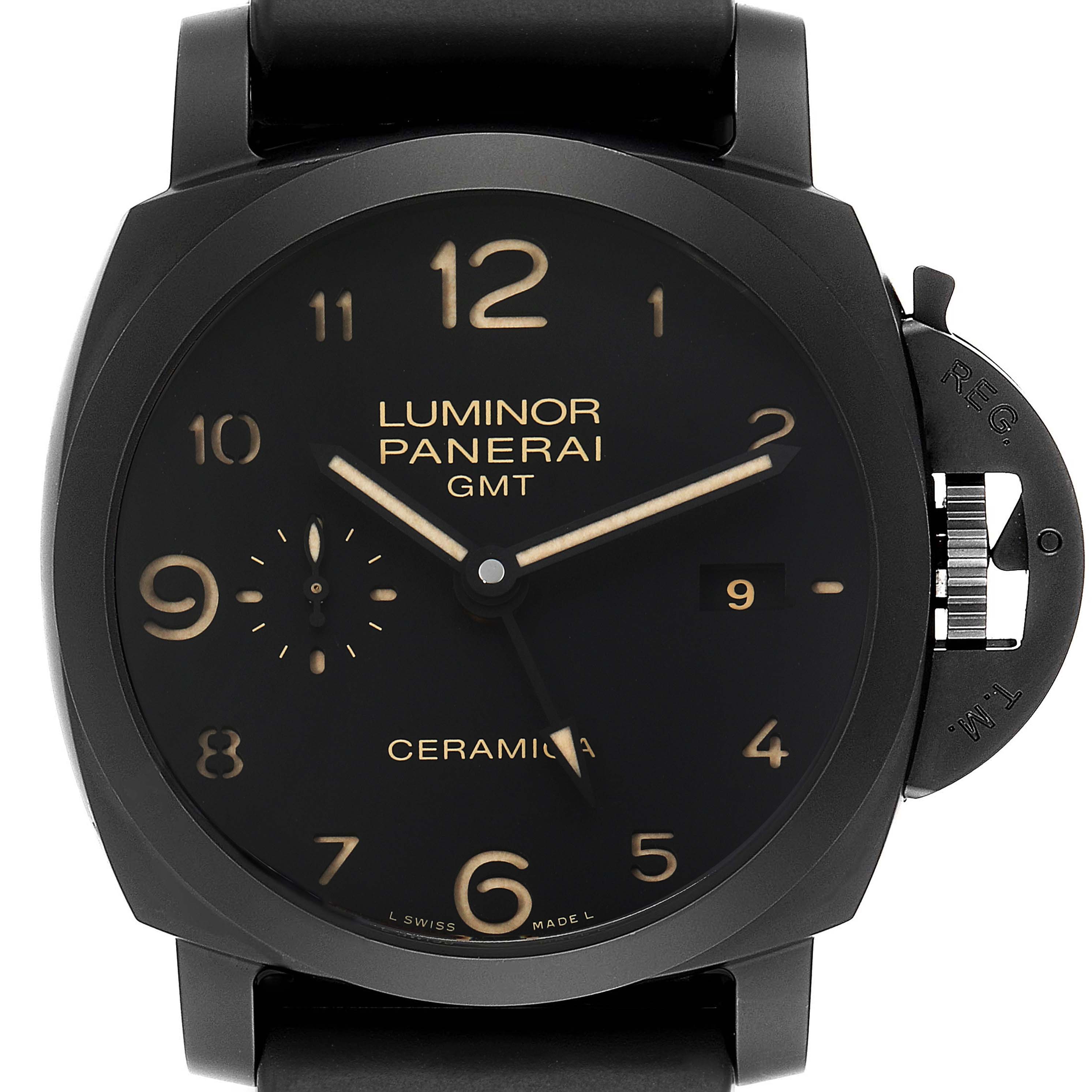The image shows a front view of a Panerai Luminor PAM00441 Men's Ceramic Black Dial PAM00441 Men's Ceramic Black Dial GMT watch, highlighting the dial, hands, and crown guard.