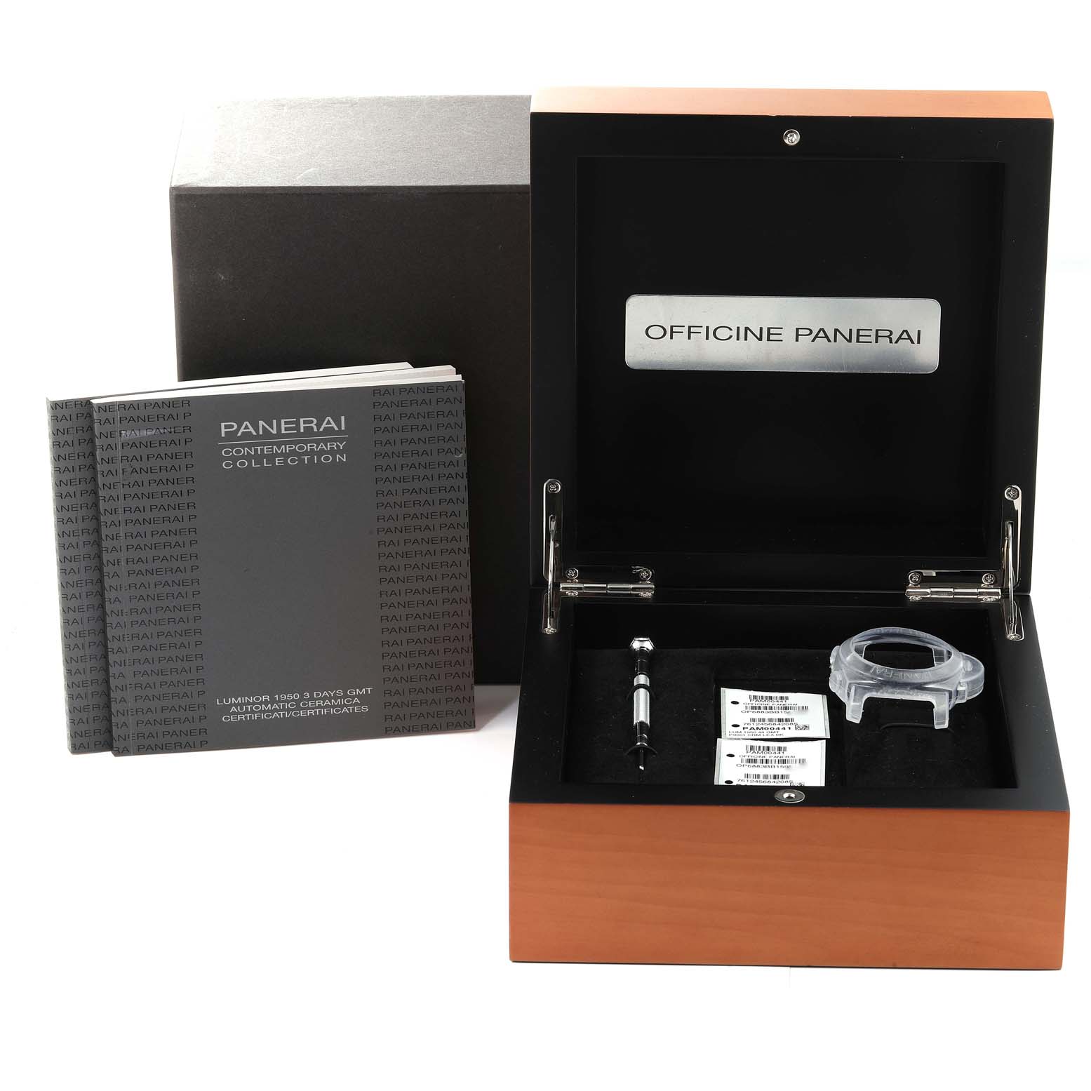 This image shows the box for a Luminor model by Panerai, including a manual, watch case, tool, and accessories.