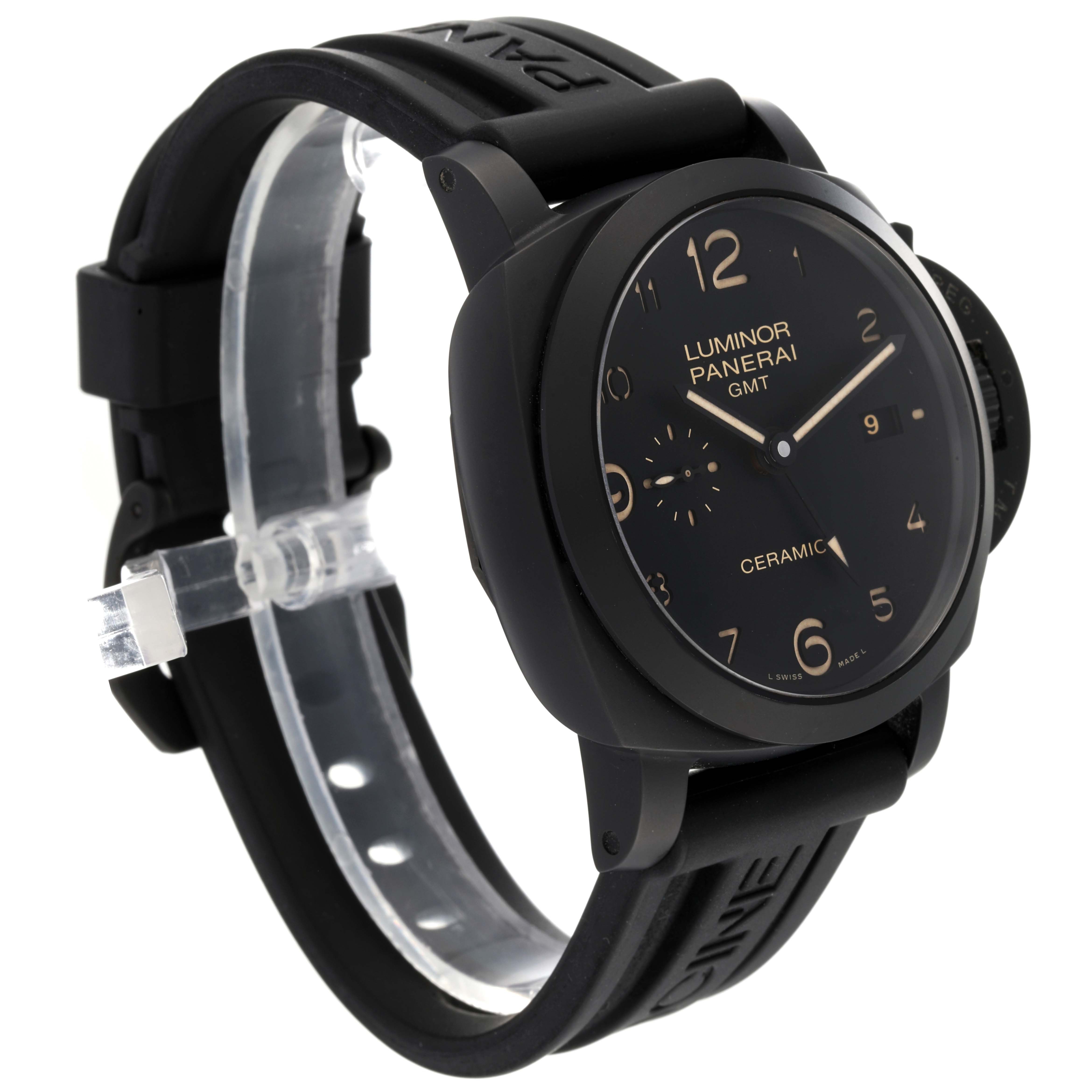 The image shows a Panerai Luminor PAM00441 Men's Ceramic Black Dial PAM00441 Men's Ceramic Black Dial watch at a three-quarter angle, highlighting the watch face, case, and black strap.