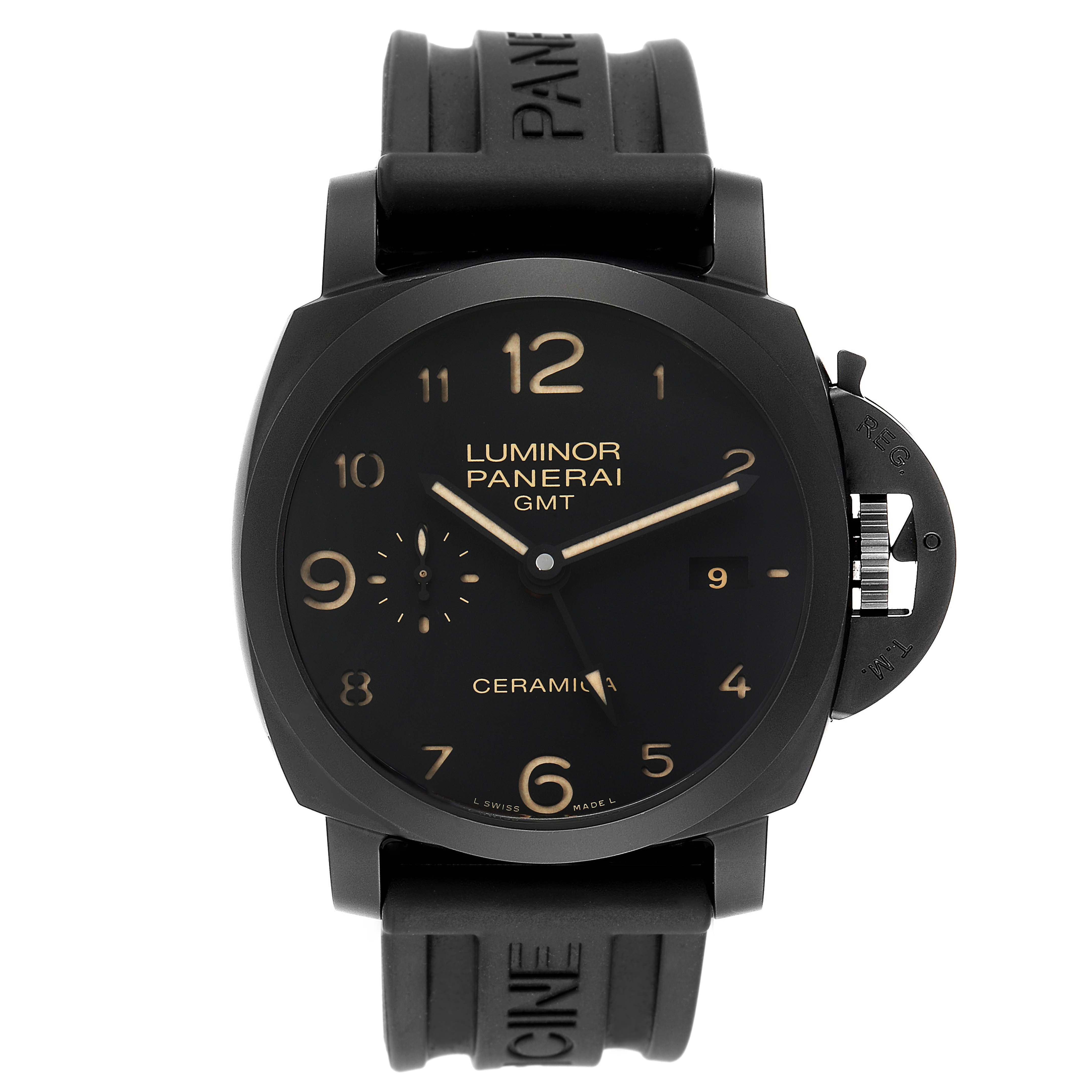 The image shows a front view of a Panerai Luminor PAM00441 Men's Ceramic Black Dial PAM00441 Men's Ceramic Black Dial GMT watch with its black dial, rubber strap, and distinct crown guard.