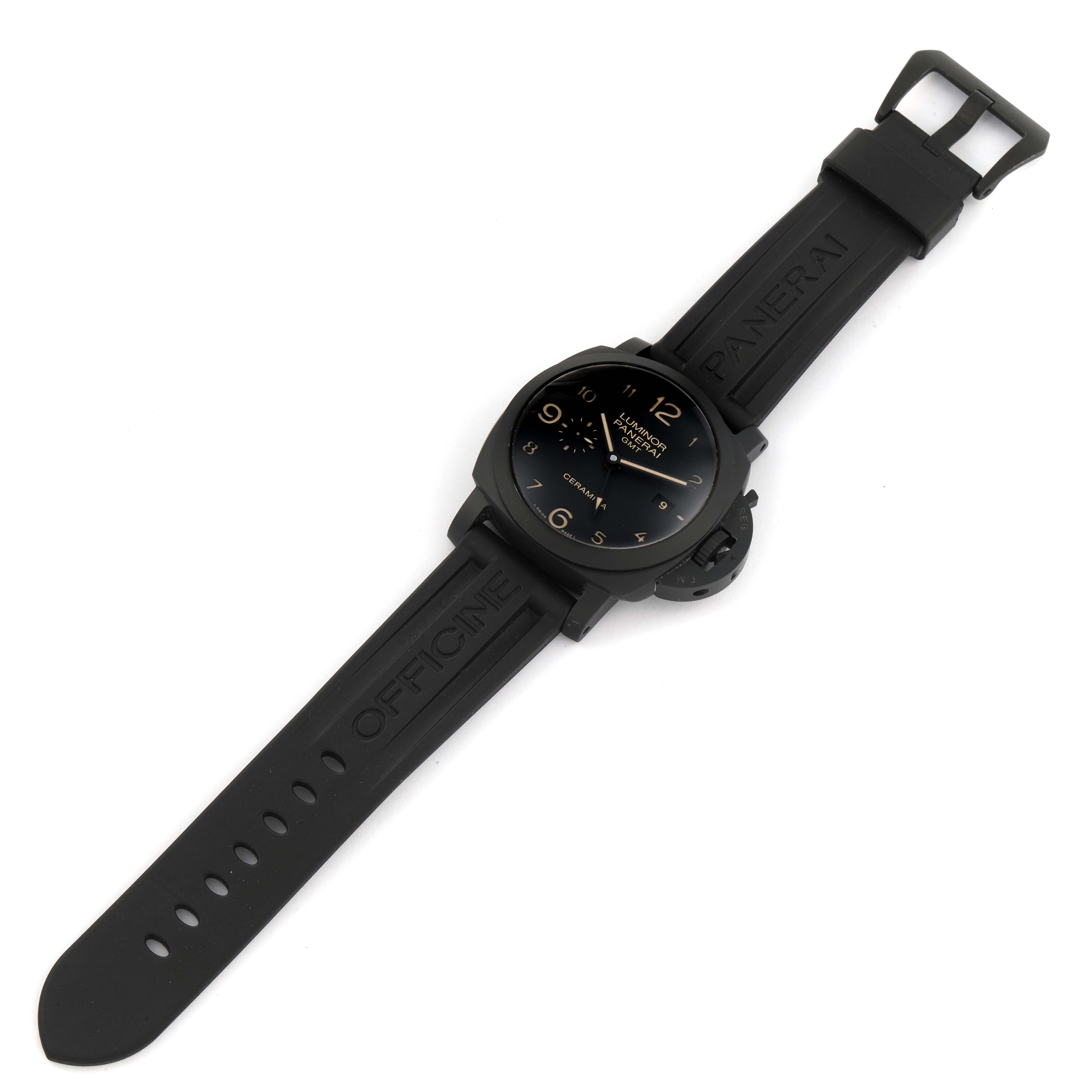 This is a top-down view of a Panerai Luminor PAM00441 Men's Ceramic Black Dial PAM00441 Men's Ceramic Black Dial watch showing the entire watch face, case, and rubber strap.