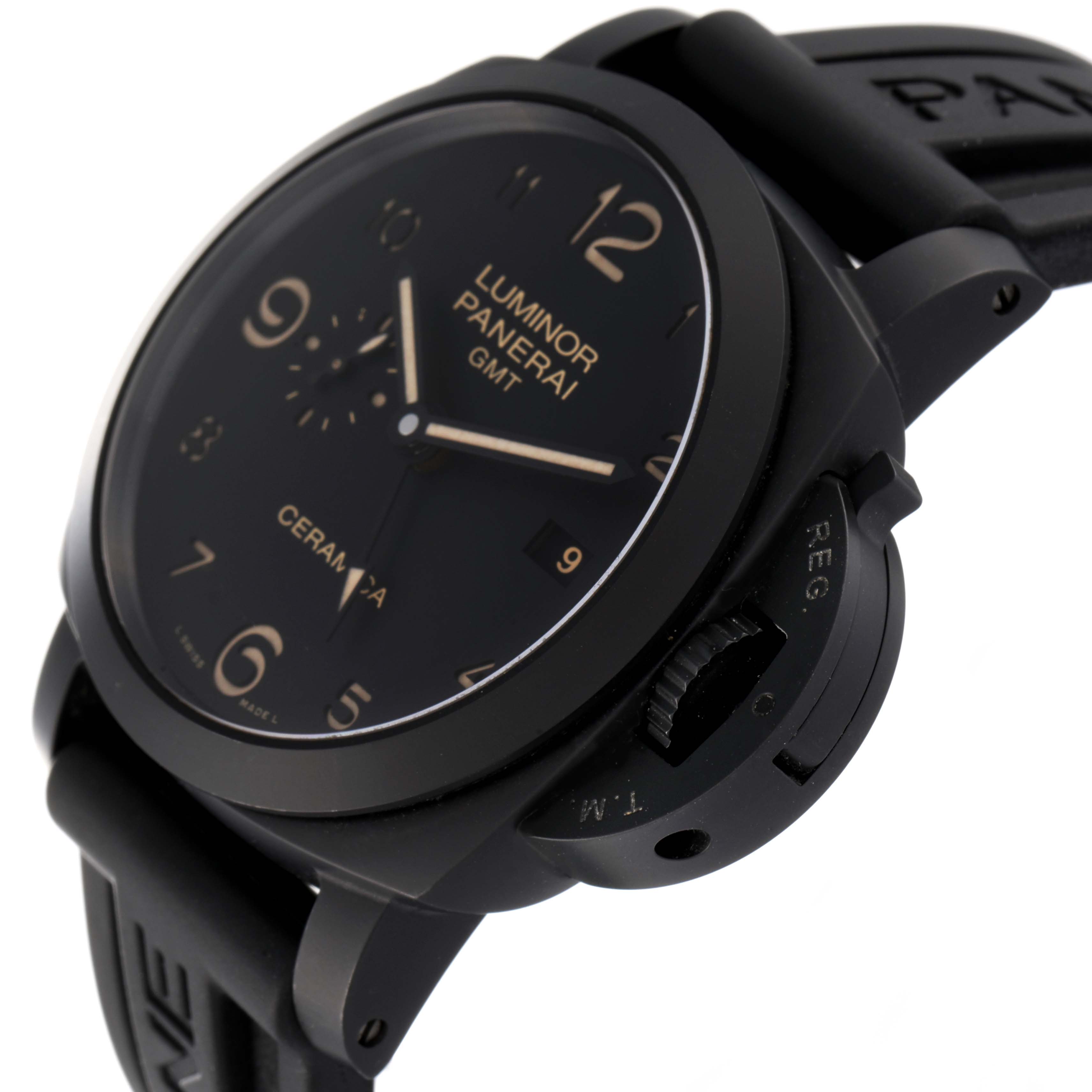 The image shows a close-up of the Panerai Luminor PAM00441 Men's Ceramic Black Dial PAM00441 Men's Ceramic Black Dial model, highlighting the dial, bezel, and crown guard from a side angle.