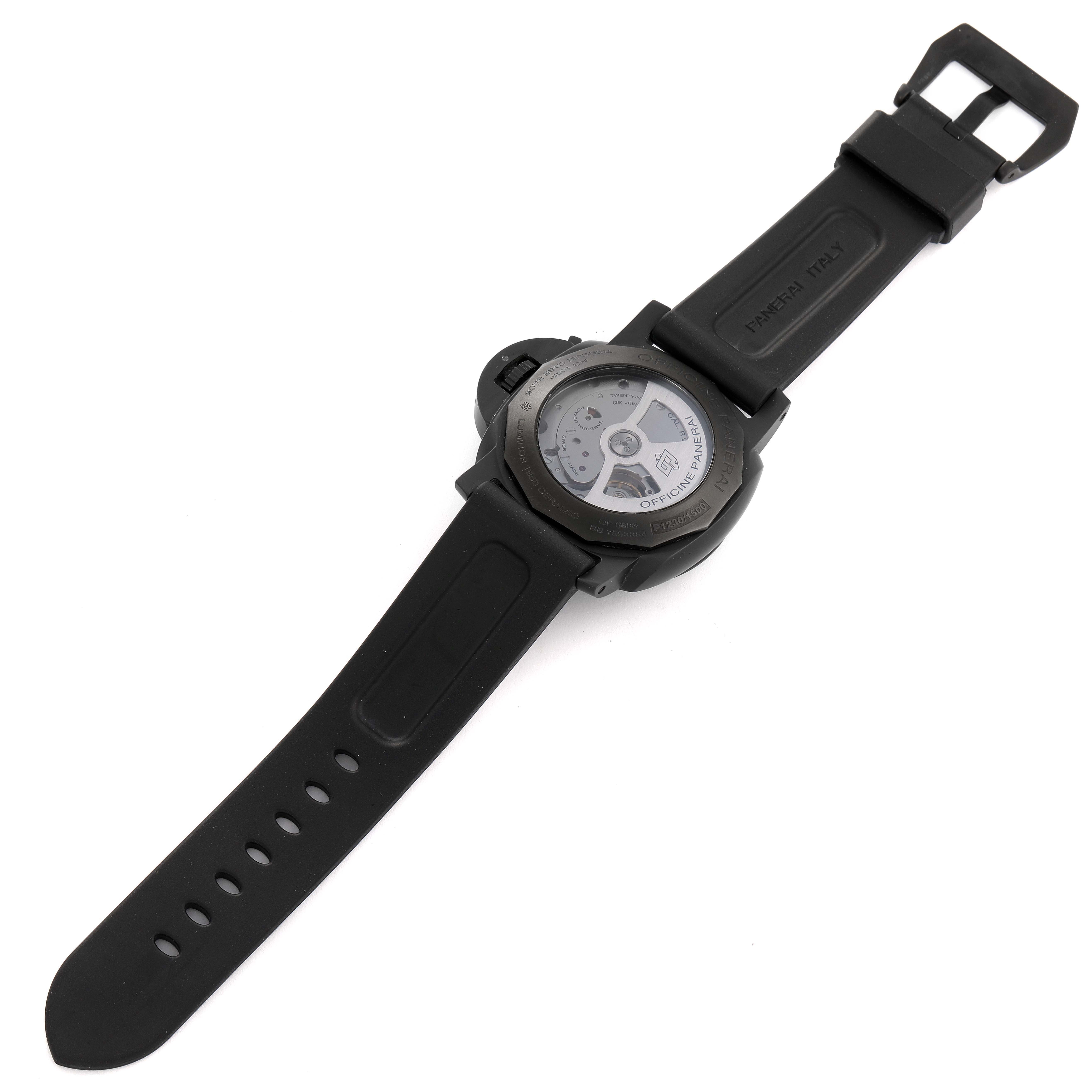 This image shows the back view of a Panerai Luminor PAM00441 Men's Ceramic Black Dial PAM00441 Men's Ceramic Black Dial watch, highlighting its case back and rubber strap.