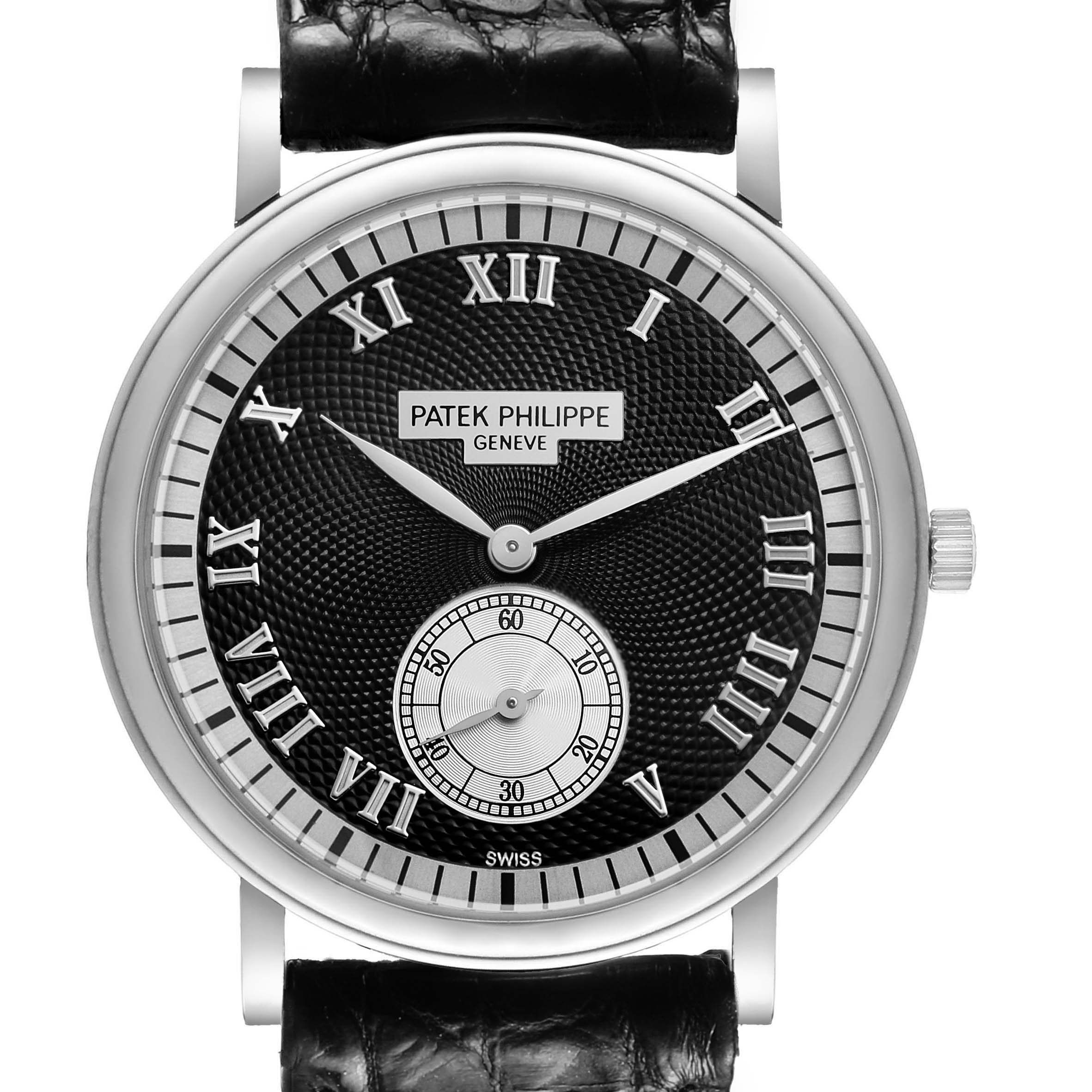 The image shows a front view of a Patek Philippe Calatrava 5022G Men's White Gold Black Dial watch, displaying its black dial, Roman numerals, and small seconds subdial.