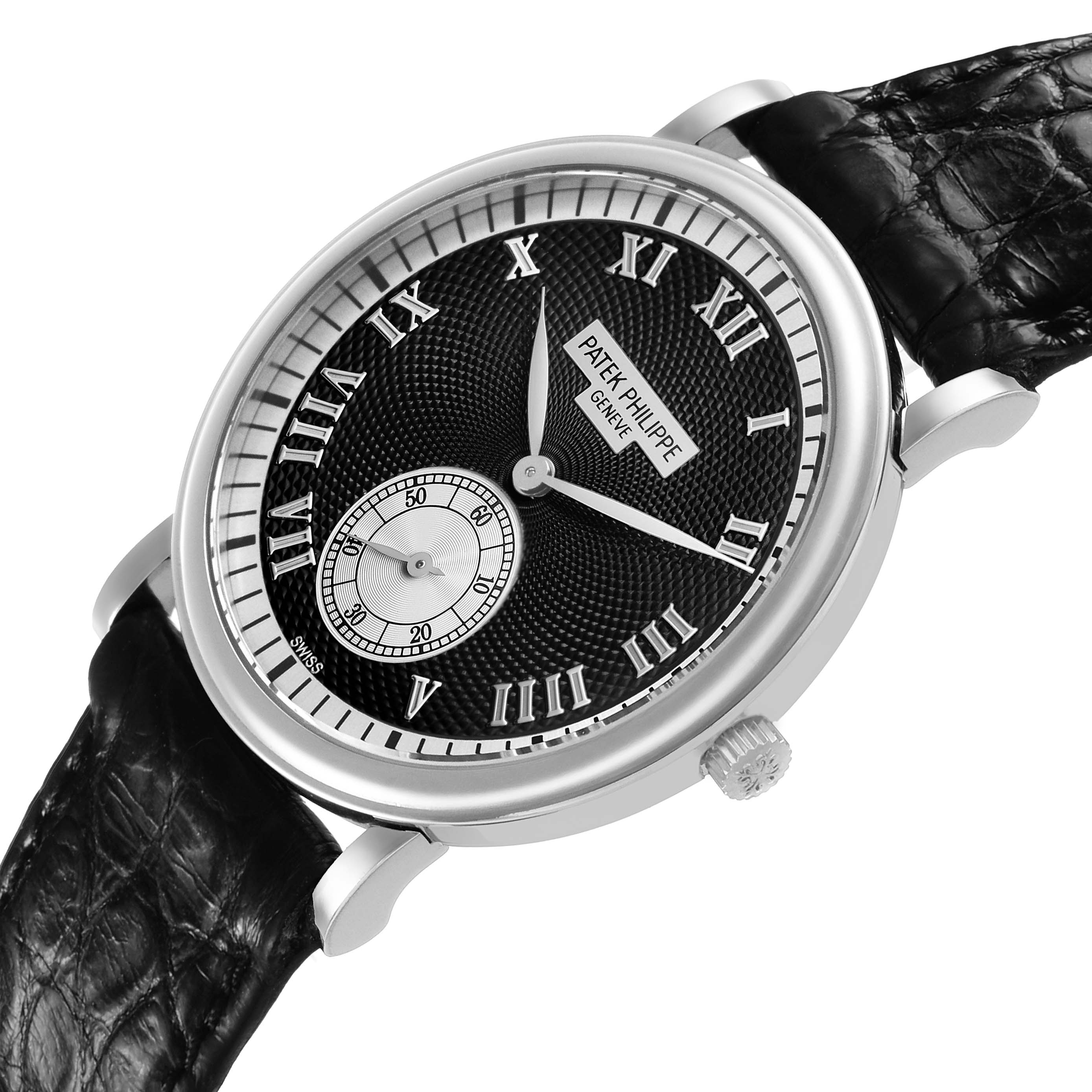 The Patek Philippe Calatrava 5022G Men's White Gold Black Dial watch is shown at an angled view displaying its dial, Roman numerals, subdial, crown, and leather strap.