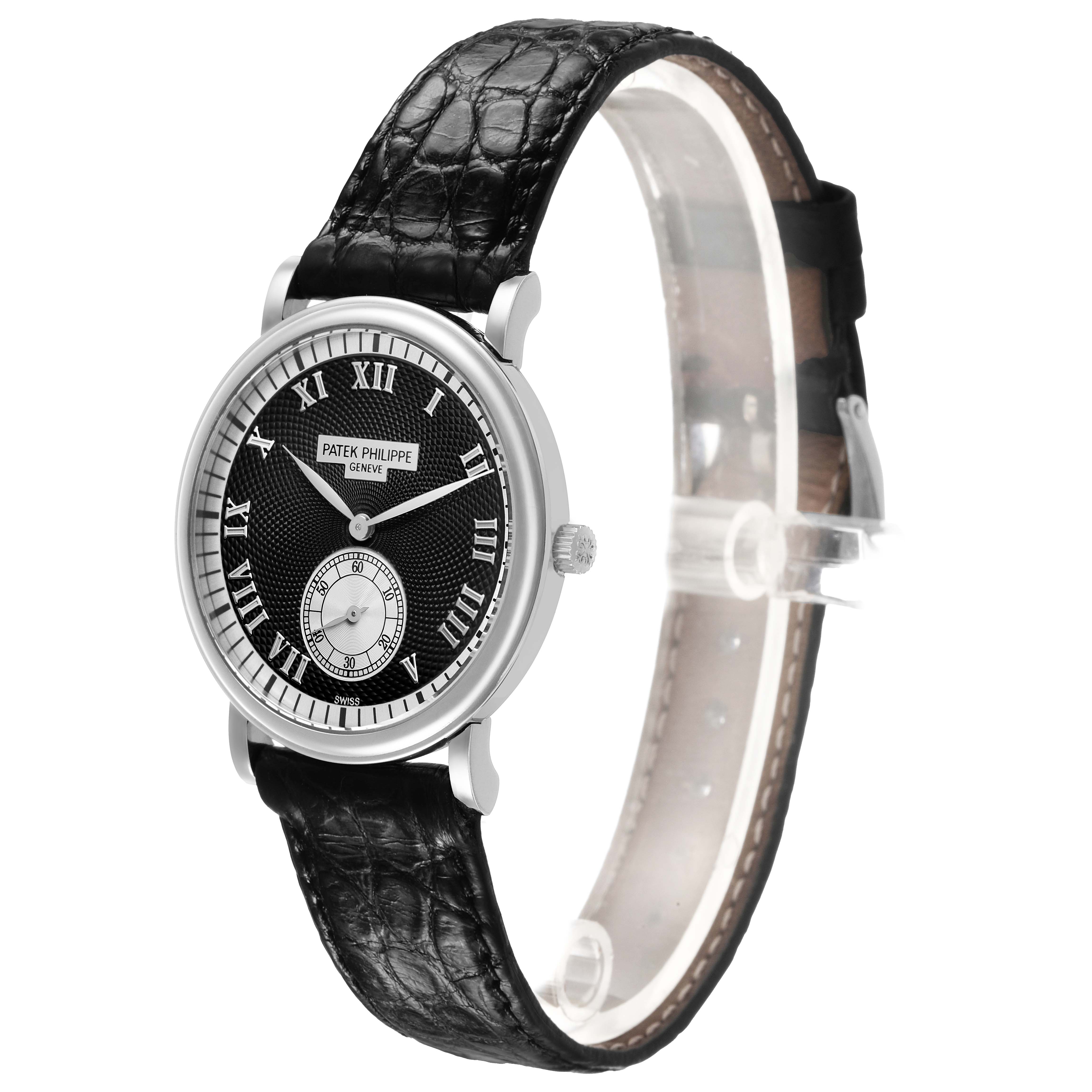 The Patek Philippe Calatrava 5022G Men's White Gold Black Dial watch is shown at a side angle, highlighting the face, bezel, crown, and leather strap.