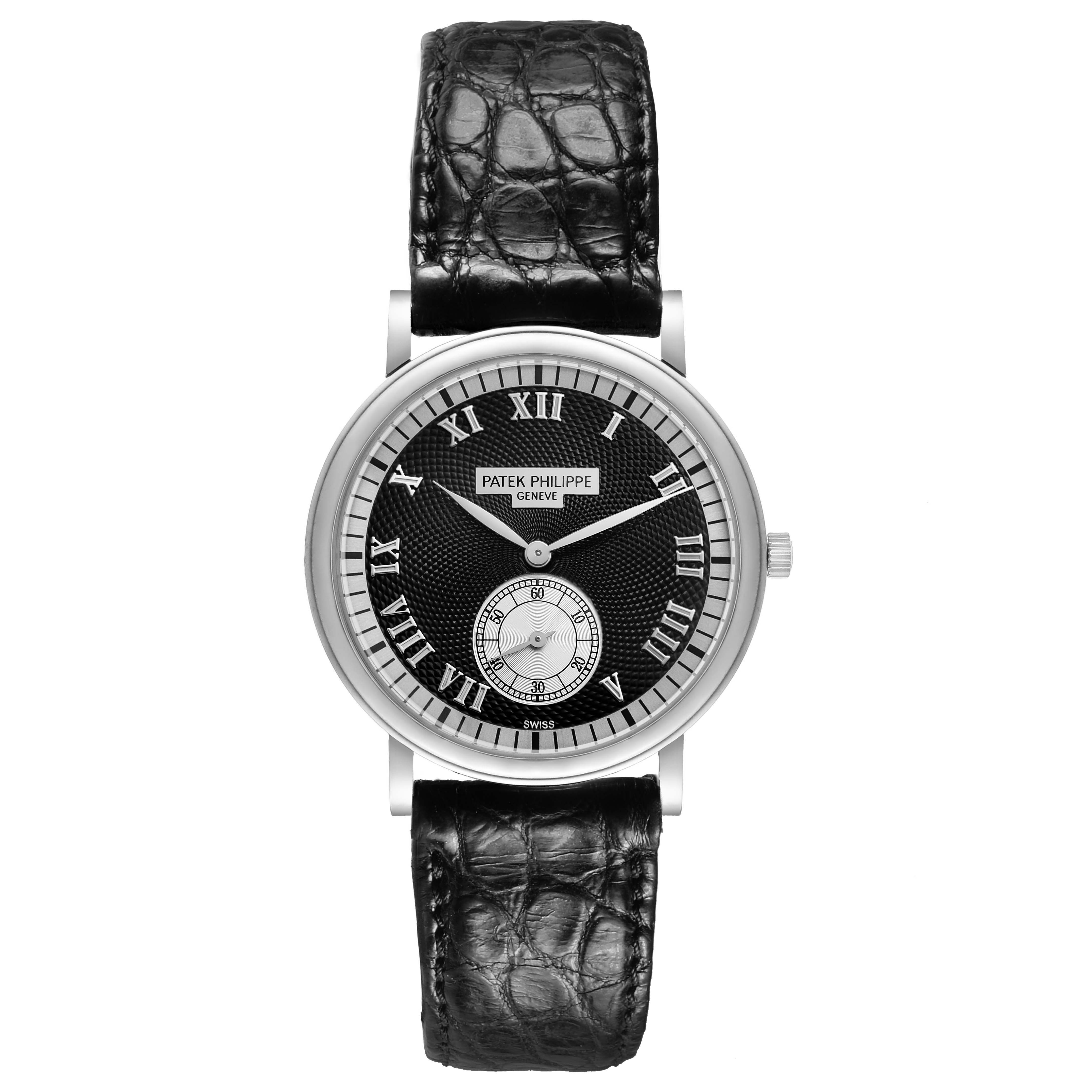 The Patek Philippe Calatrava 5022G Men's White Gold Black Dial watch is shown from the front, displaying the dial, case, crown, and leather strap.