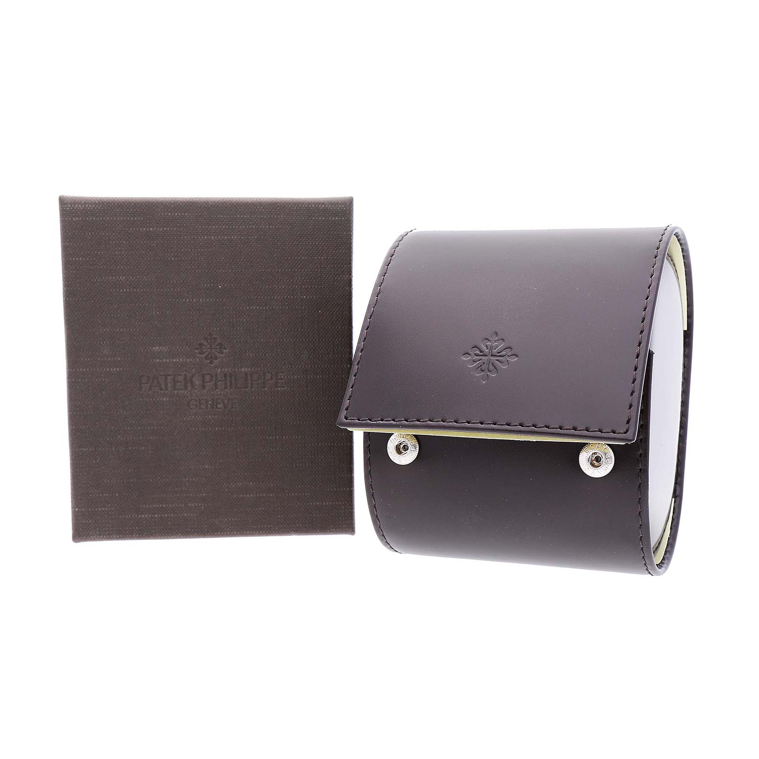 The image shows a Patek Philippe Calatrava 5022G Men's White Gold Black Dial leather watch case and accompanying box from a front angle.