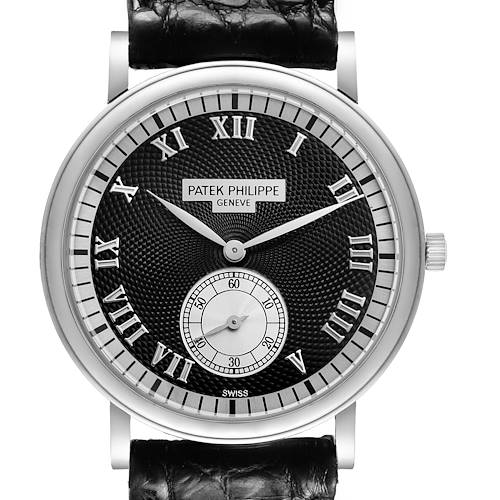 The Patek Philippe Calatrava 5022G Men's White Gold Black Dial watch is shown from the front, highlighting the dial, hands, crown, and black strap.