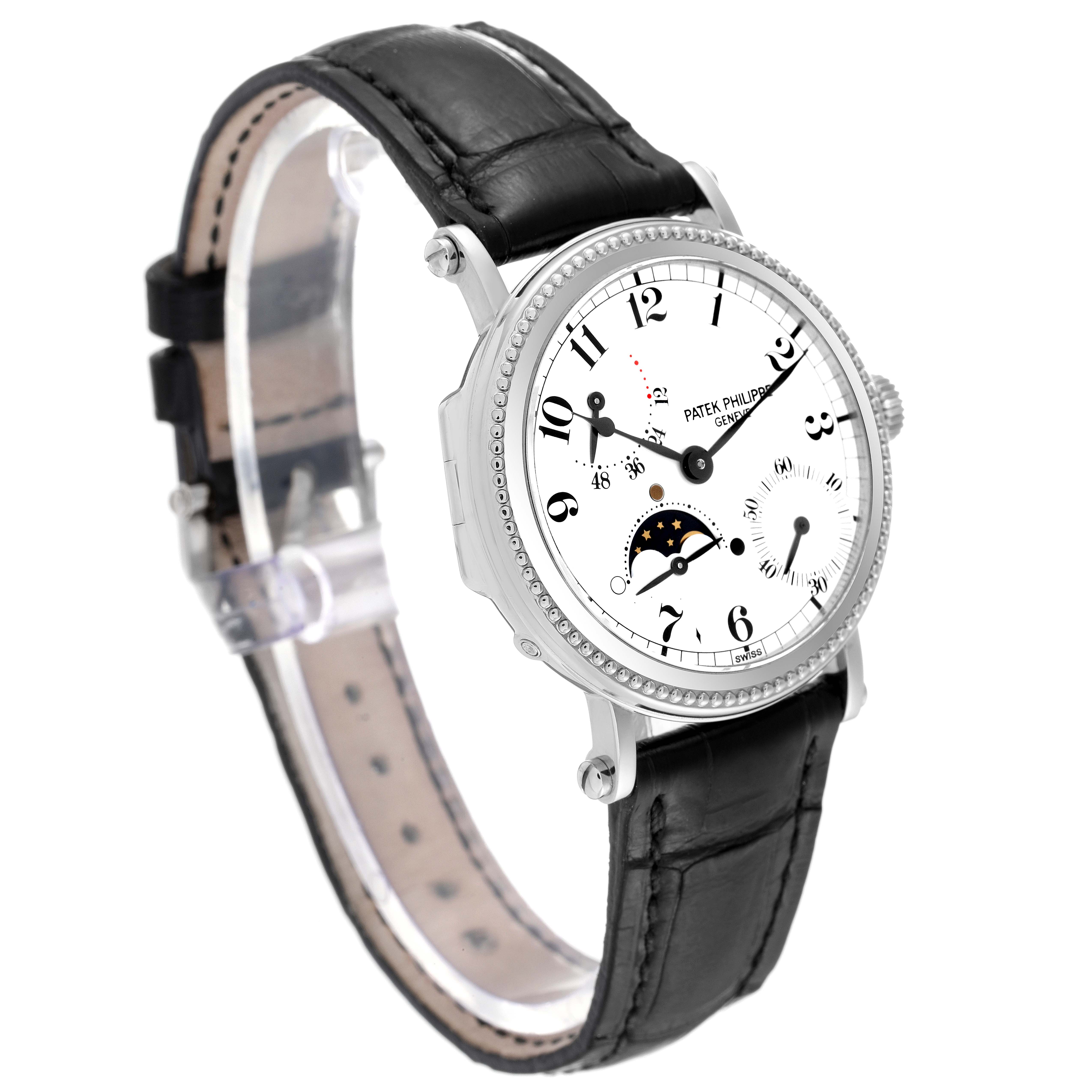 The image shows a side and front angle of the Patek Philippe Complications 5015G-001 Men's White Gold White Dial 5015G-001 Men's White Gold White Dial model watch with a white dial and black leather strap.