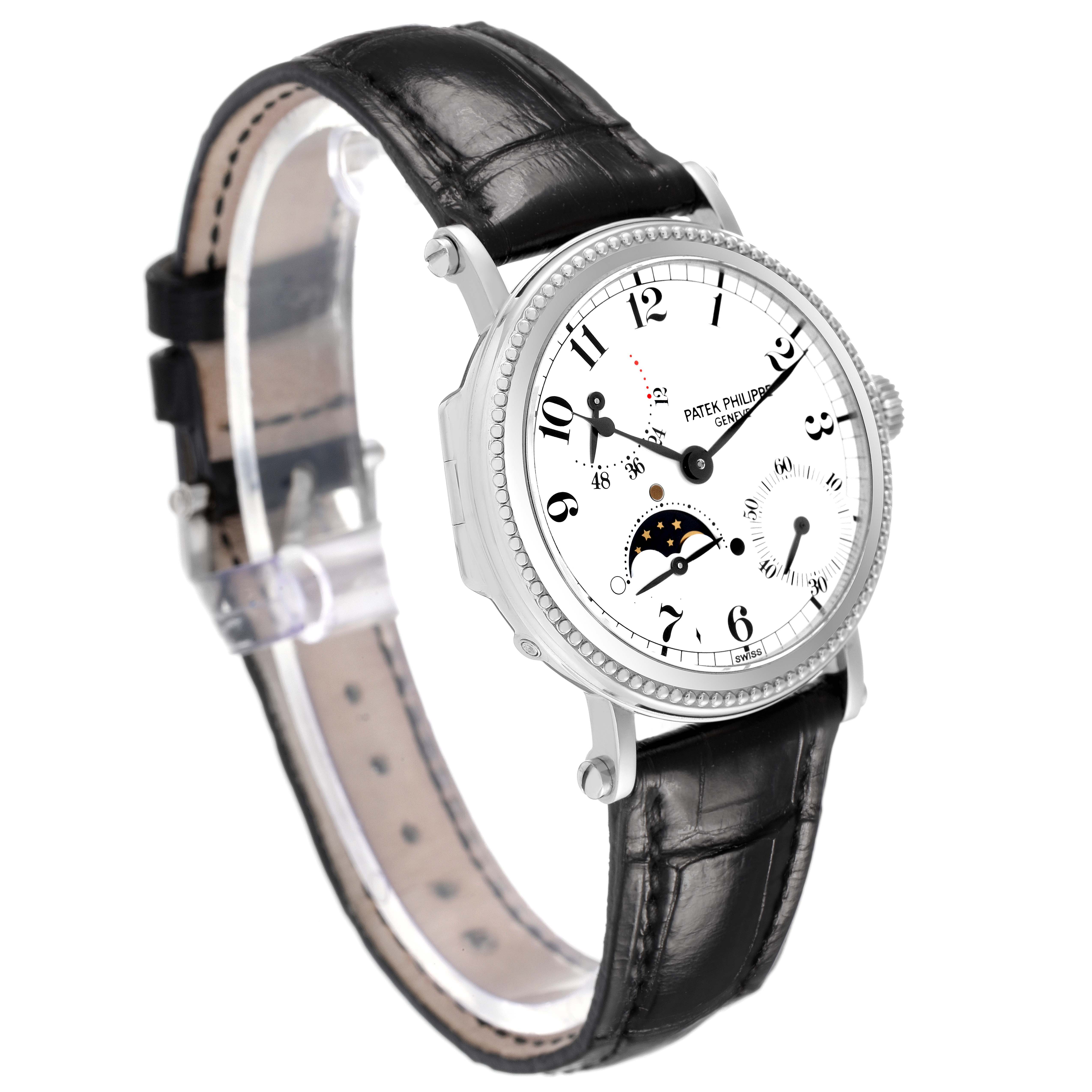 The Patek Philippe Complications 5015G-001 Men's White Gold White Dial watch is shown at a three-quarter angle, featuring the face, bezel, and band.