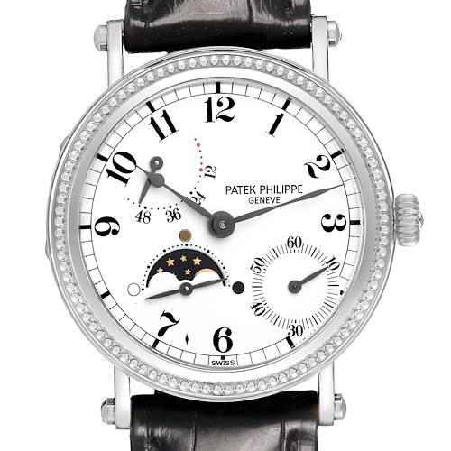 The Patek Philippe Complications 5015G-001 Men's White Gold White Dial watch is shown from a front angle, displaying its dial, moon phase, subdials, and crown.