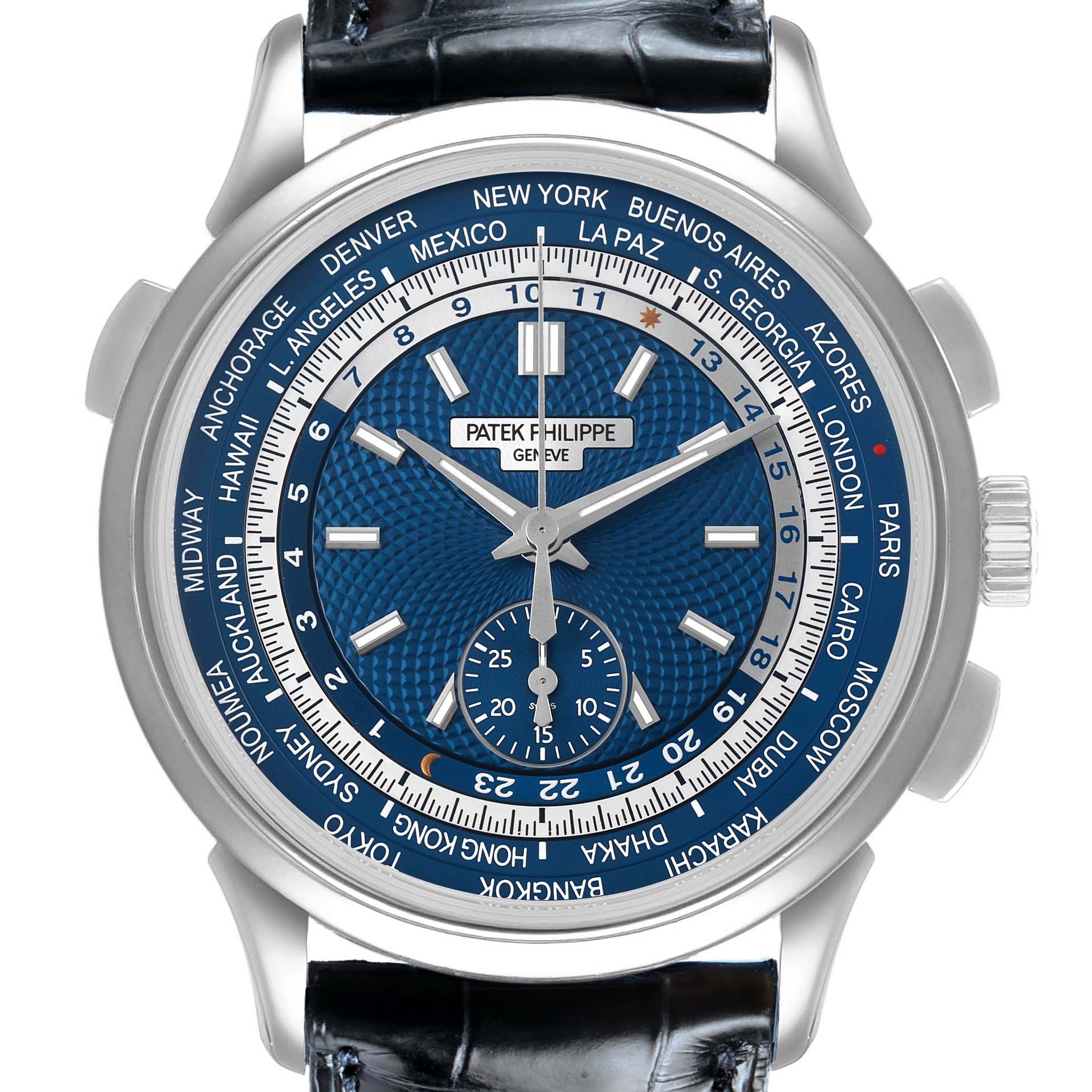 The Patek Philippe Complications 5930G-010 Men's White Gold Blue Dial watch is shown from the front, displaying its blue dial, world time cities, and subdial.