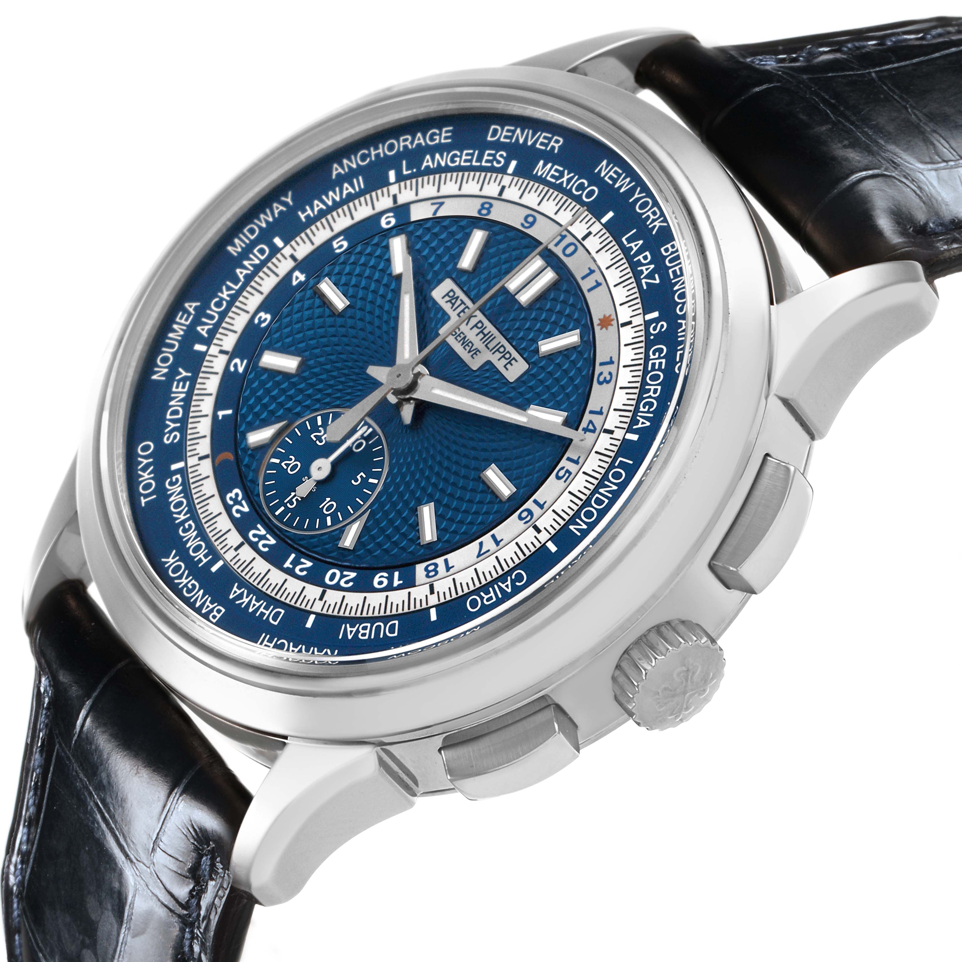 The Patek Philippe Complications 5930G-010 Men's White Gold Blue Dial watch is shown at a slight angle, highlighting the dial, crown, and side pushers.