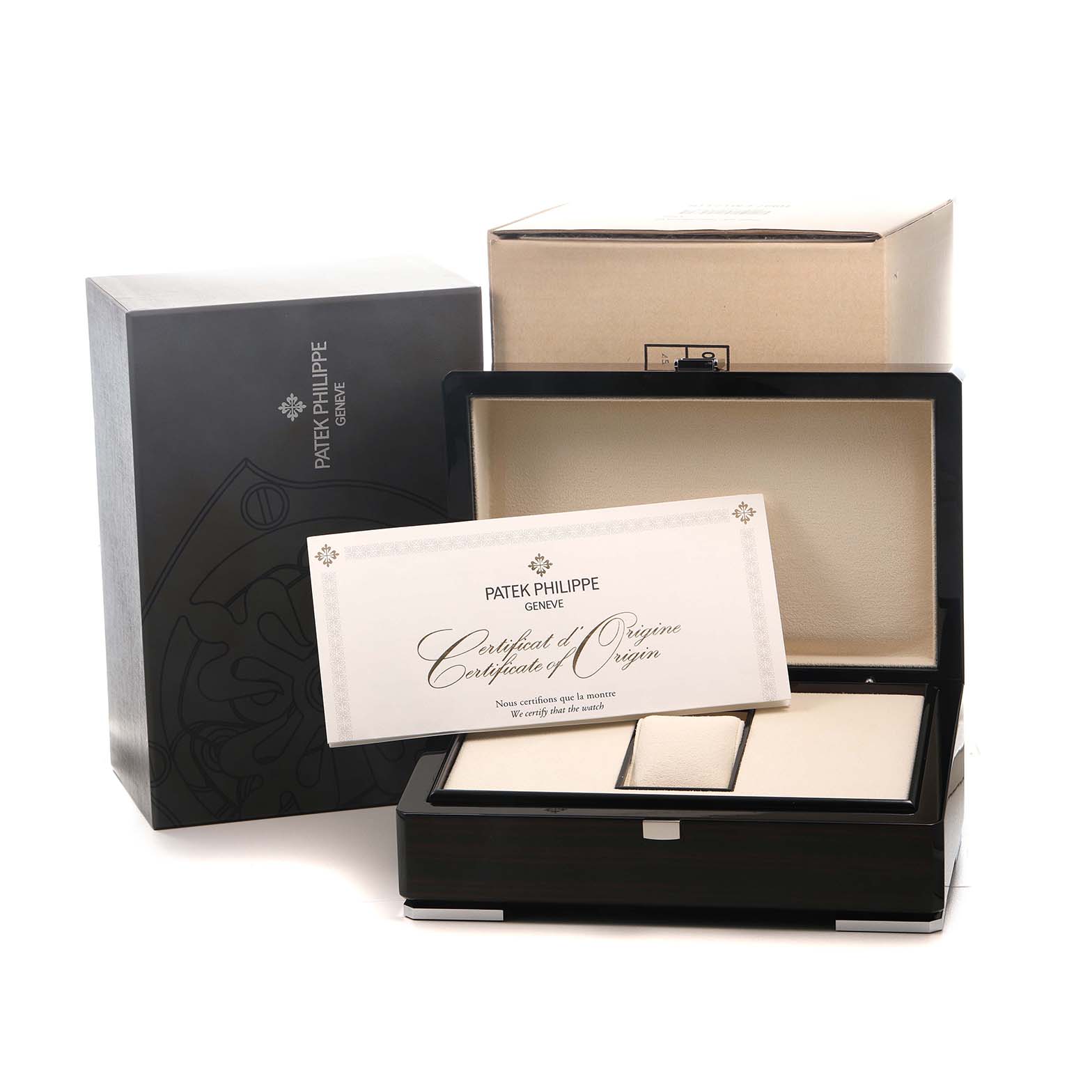 The image shows a Patek Philippe Complications 5930G-010 Men's White Gold Blue Dial watch box and a Certificate of Origin, with the box open and positioned from a front angle.