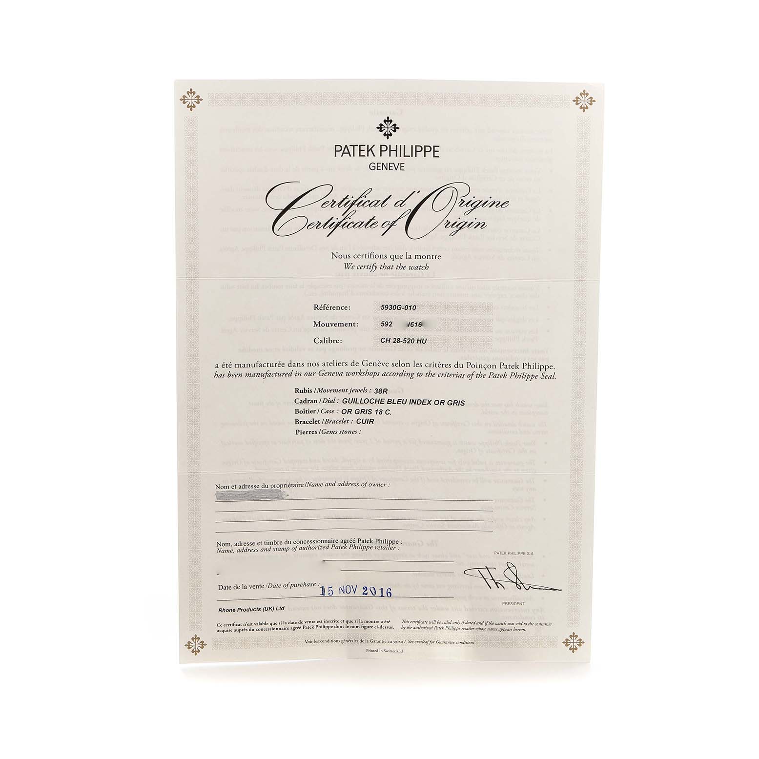 This image shows the Certificate of Origin for the Patek Philippe Complications 5930G-010 Men's White Gold Blue Dial model, displaying the reference and purchase details.