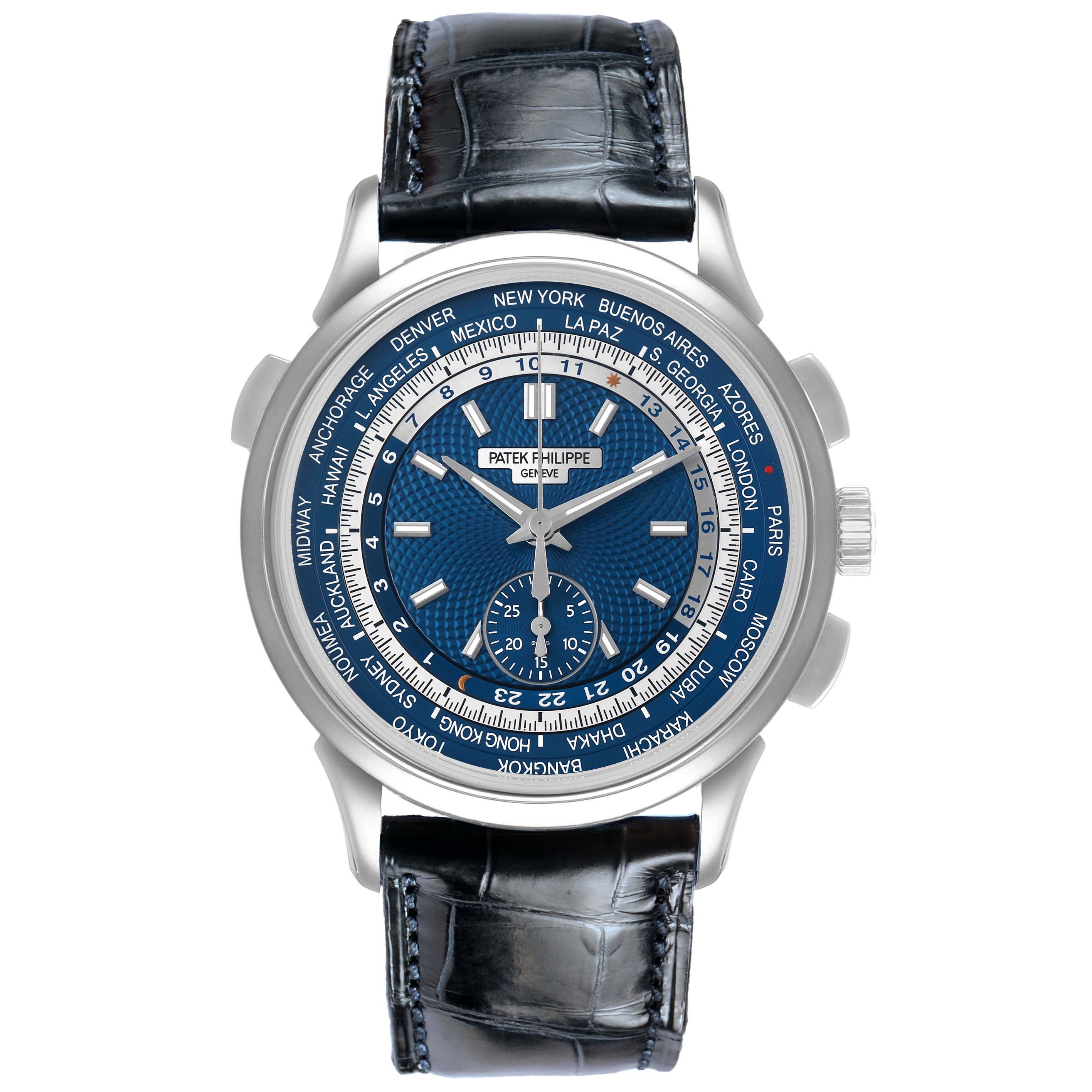 The Patek Philippe Complications 5930G-010 Men's White Gold Blue Dial watch is shown from the front, featuring its blue dial, city ring, and leather strap.