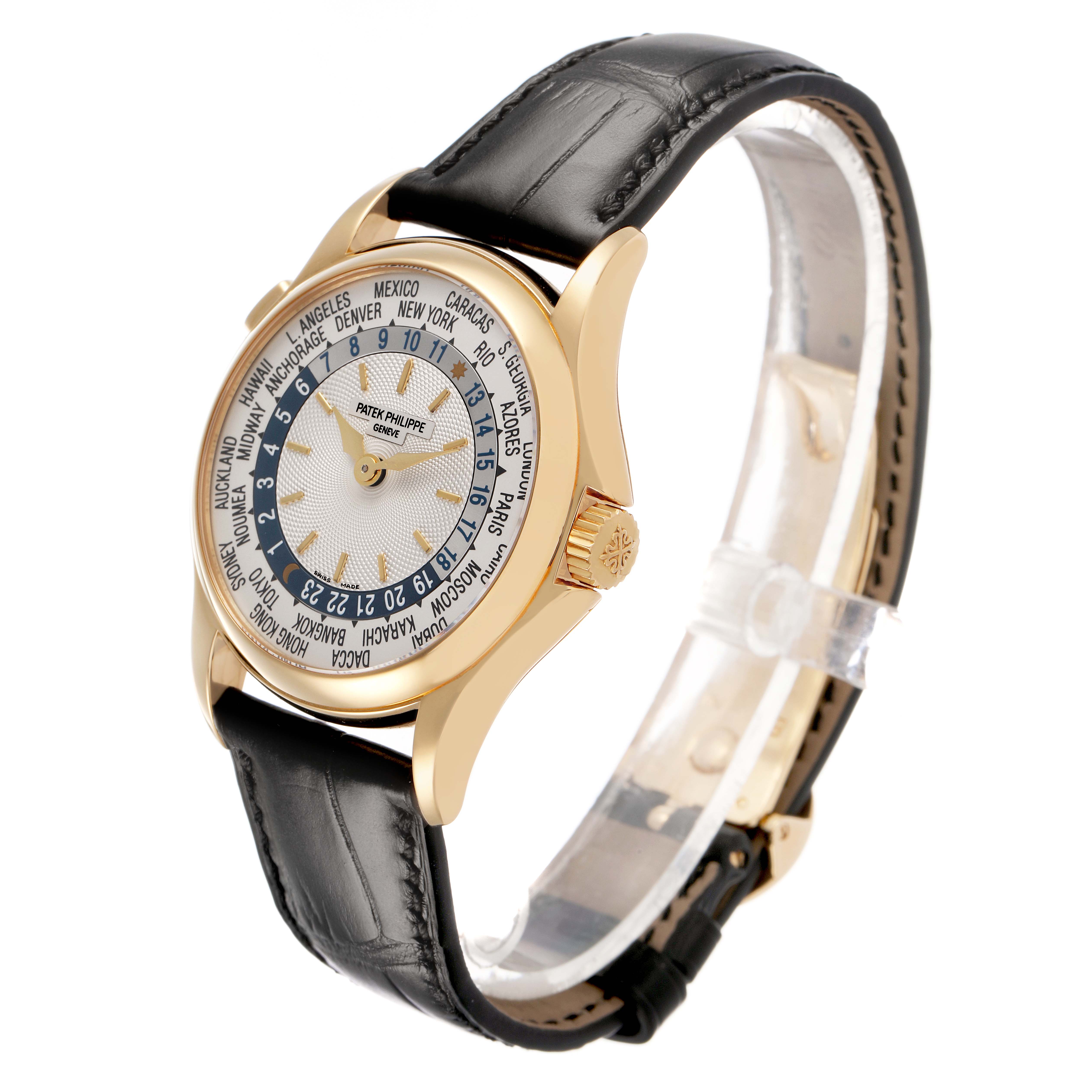 The Patek Philippe Complications 5110J-001 Men's Yellow Gold Silver Dial watch is shown at a three-quarter angle, highlighting the dial, bezel, crown, and leather strap.