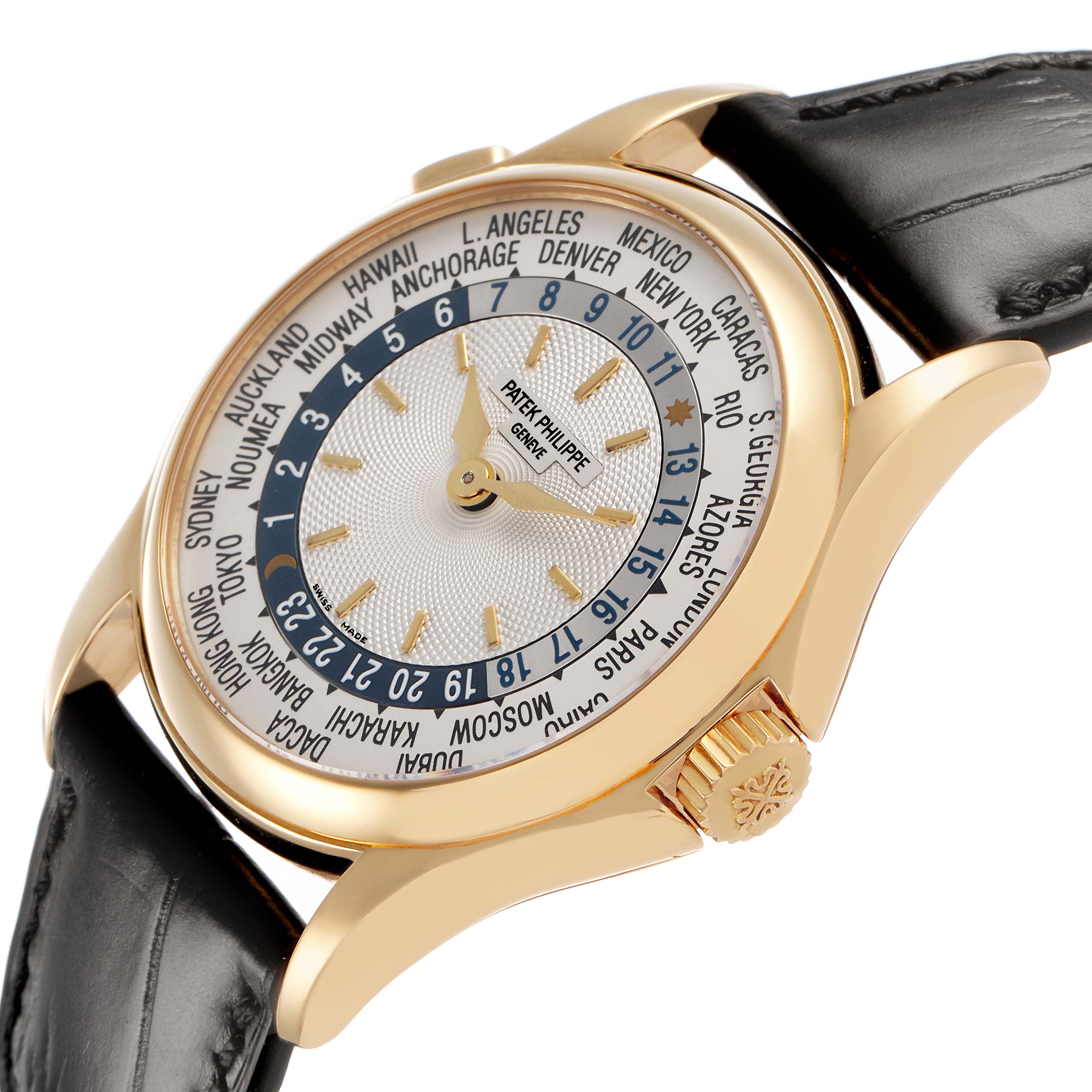 The Patek Philippe Complications 5110J-001 Men's Yellow Gold Silver Dial is shown at a three-quarter angle, highlighting the dial, bezel, crown, and leather strap.