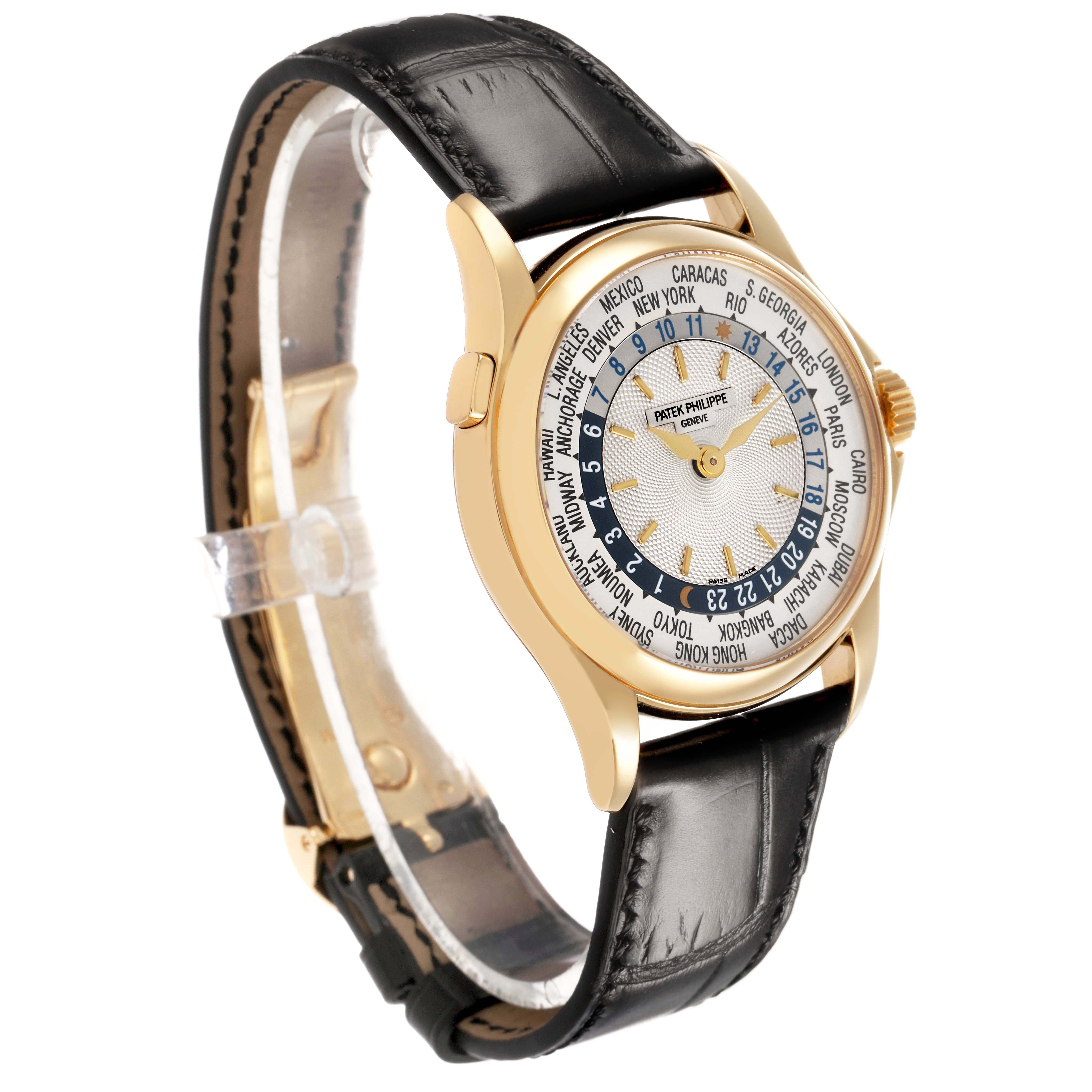 The Patek Philippe Complications 5110J-001 Men's Yellow Gold Silver Dial watch is shown at a three-quarter angle, displaying the face, bezel, and strap.