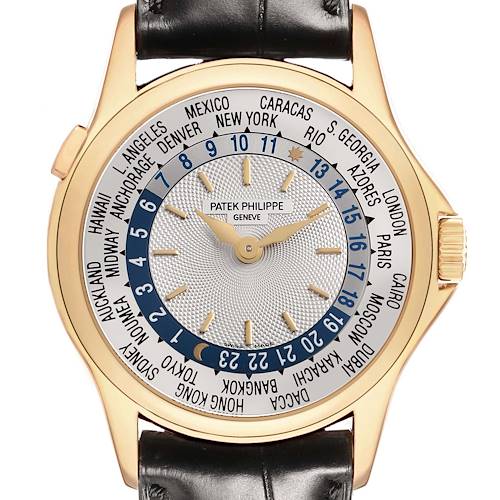 The Patek Philippe Complications 5110J-001 Men's Yellow Gold Silver Dial watch is shown from a front angle displaying the dial, cities, and time zones.