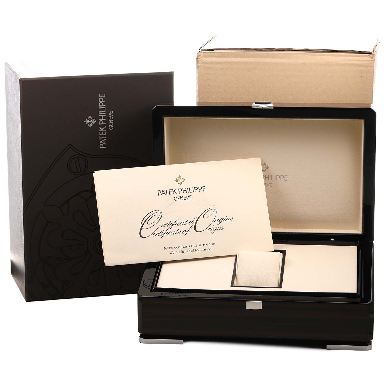 The image shows the packaging and Certificate of Origin for a Patek Philippe Complications 5110J-001 Men's Yellow Gold Silver Dial model, with an open presentation box.
